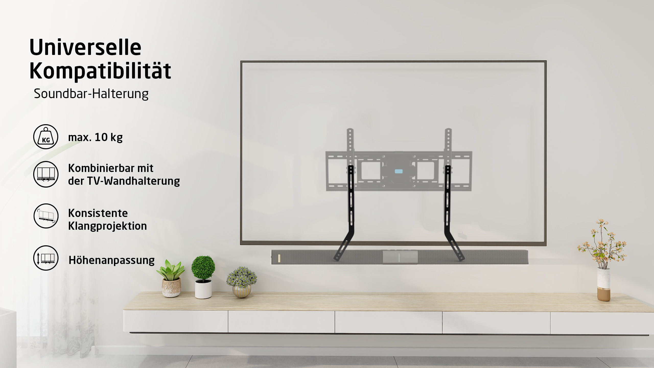 Ein Fernseher, eine Soundbar und eine Wandhalterung an der Wand.