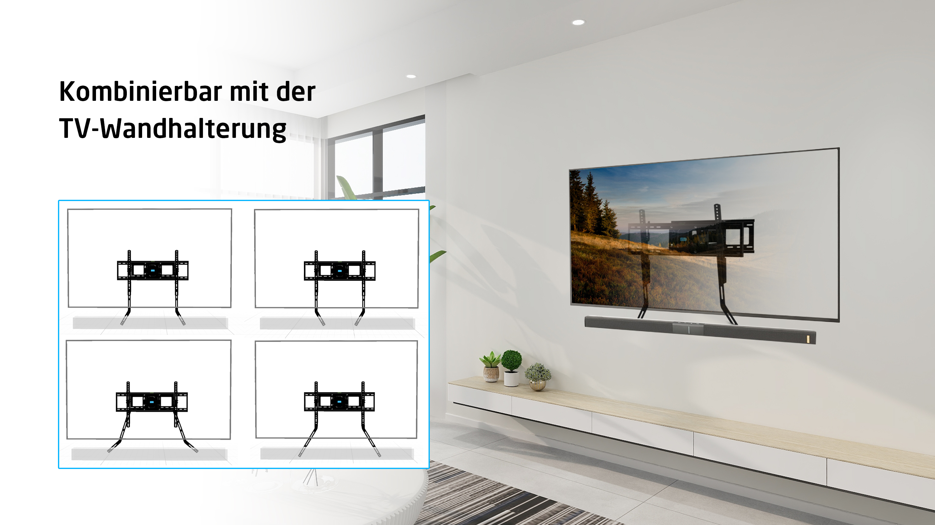 Ein Fernseher an der Wand montiert mit verschiedenen Montagemöglichkeiten und einer Soundbar.