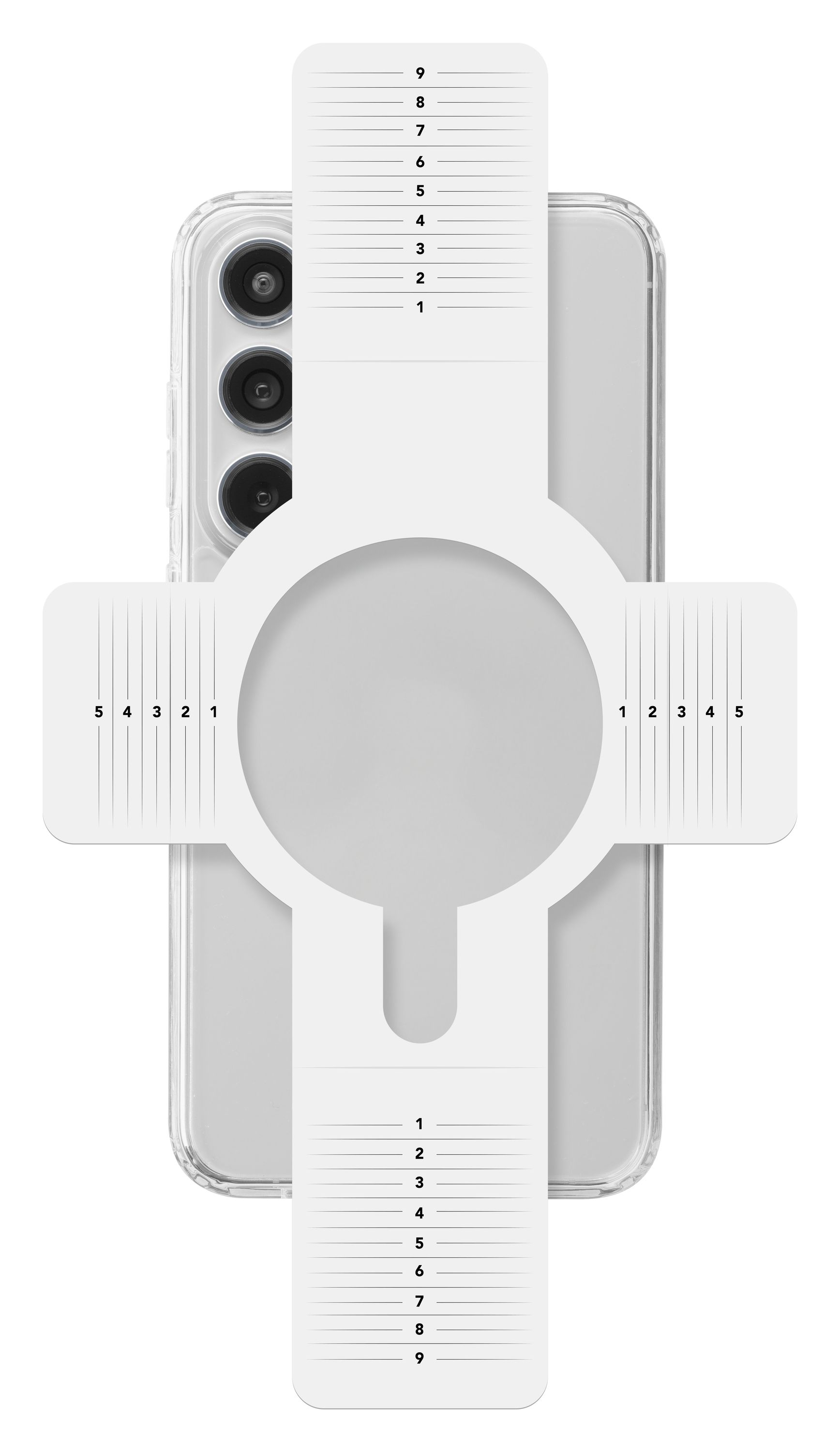Telefon und Messwerkzeug auf Weiß. Das Werkzeug misst das Telefon.