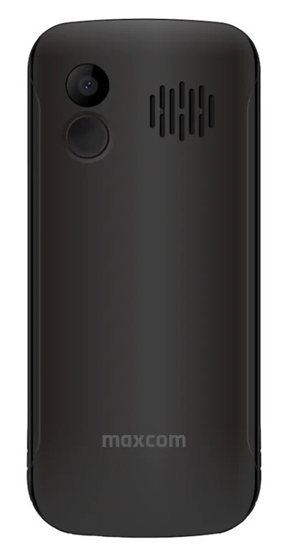 Tył czarnego telefonu komórkowego. Posiada aparat, przycisk i głośnik.