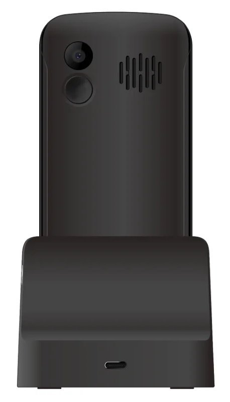 Czarny telefon na stacji ładującej. Telefon ma aparat i głośnik. Baza ma port usb-c.