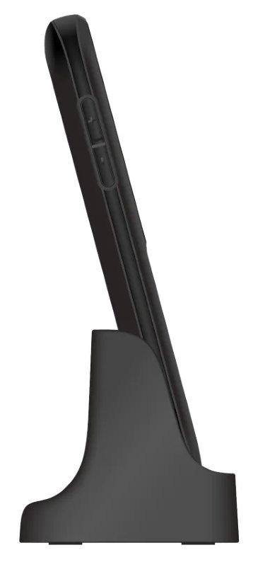 Czarny telefon w stojaku. Stojak jest zakrzywiony u dołu.