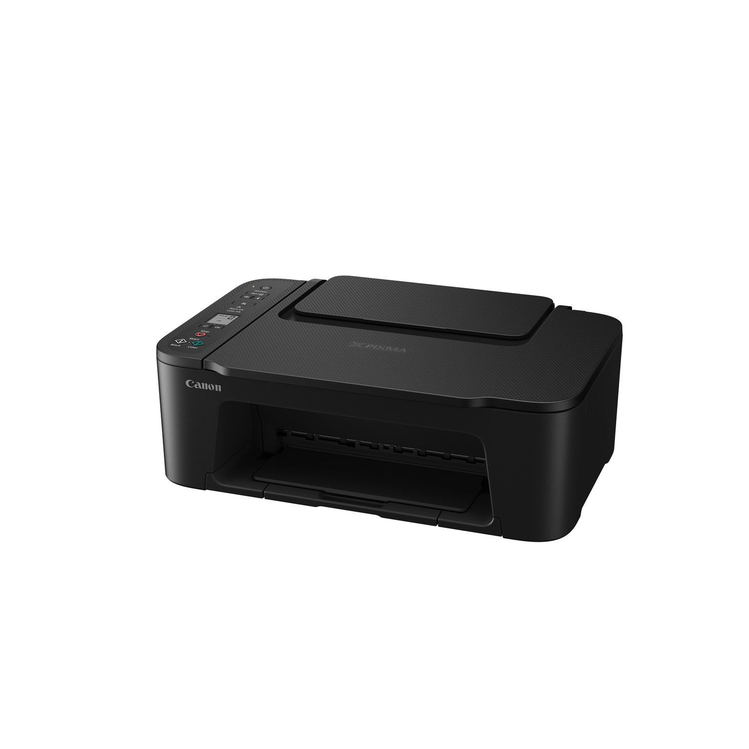 Black Canon printer isolated on a white background. The printer has a flatbed scanner.