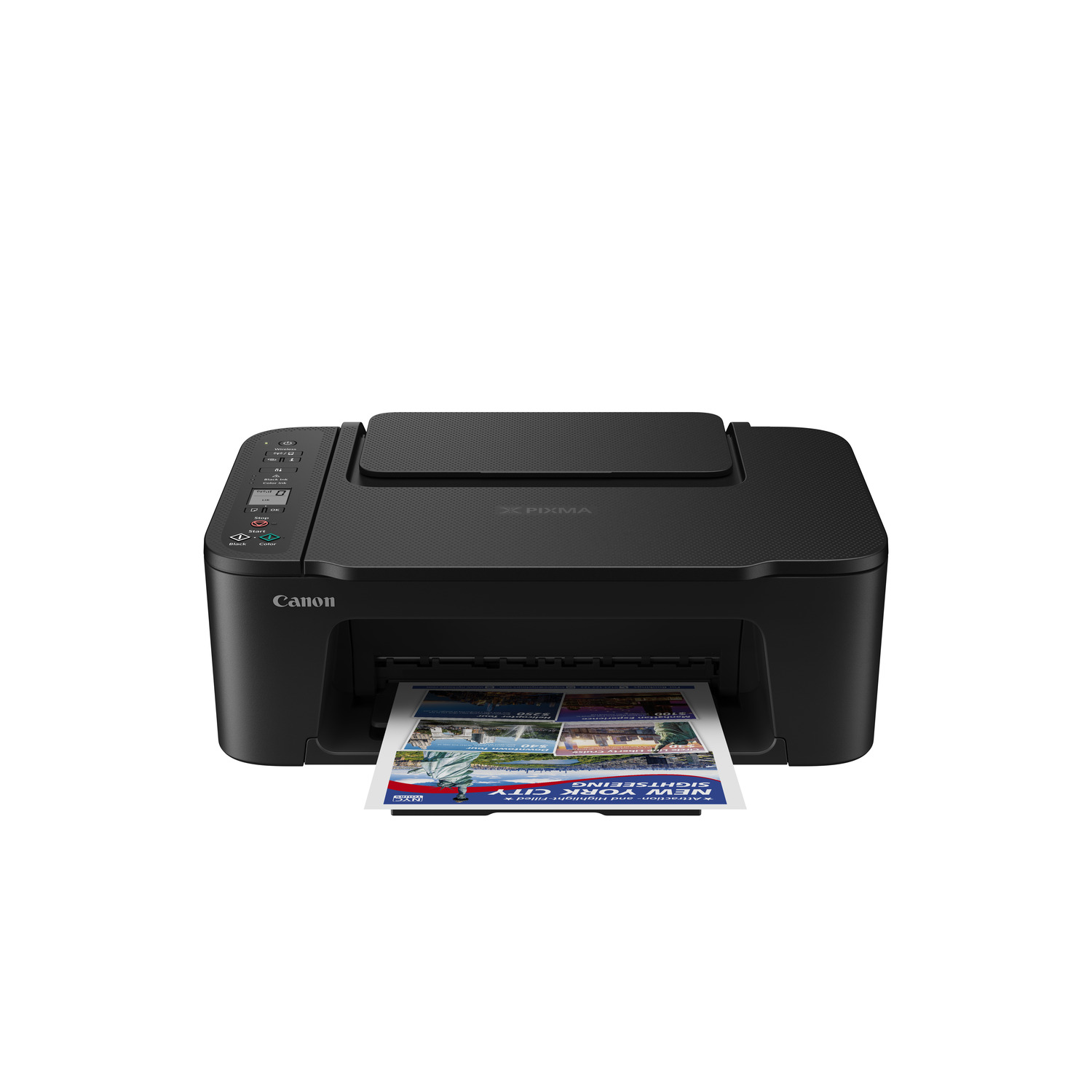 A black Canon printer printing a document with images and text.