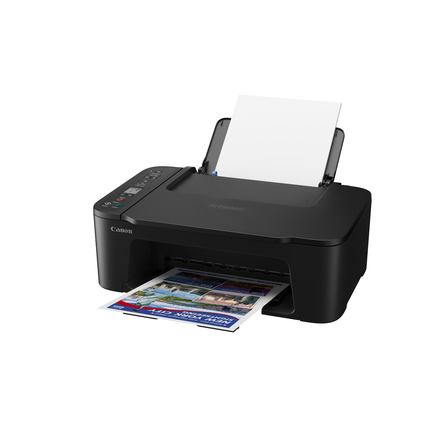 Black Canon printer printing a color document. Paper tray holding printed paper.