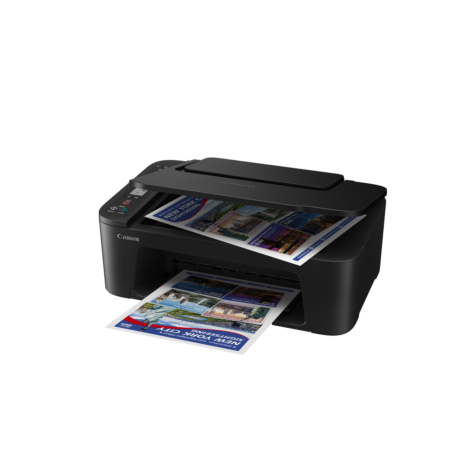 A black Canon printer printing documents with colorful images.