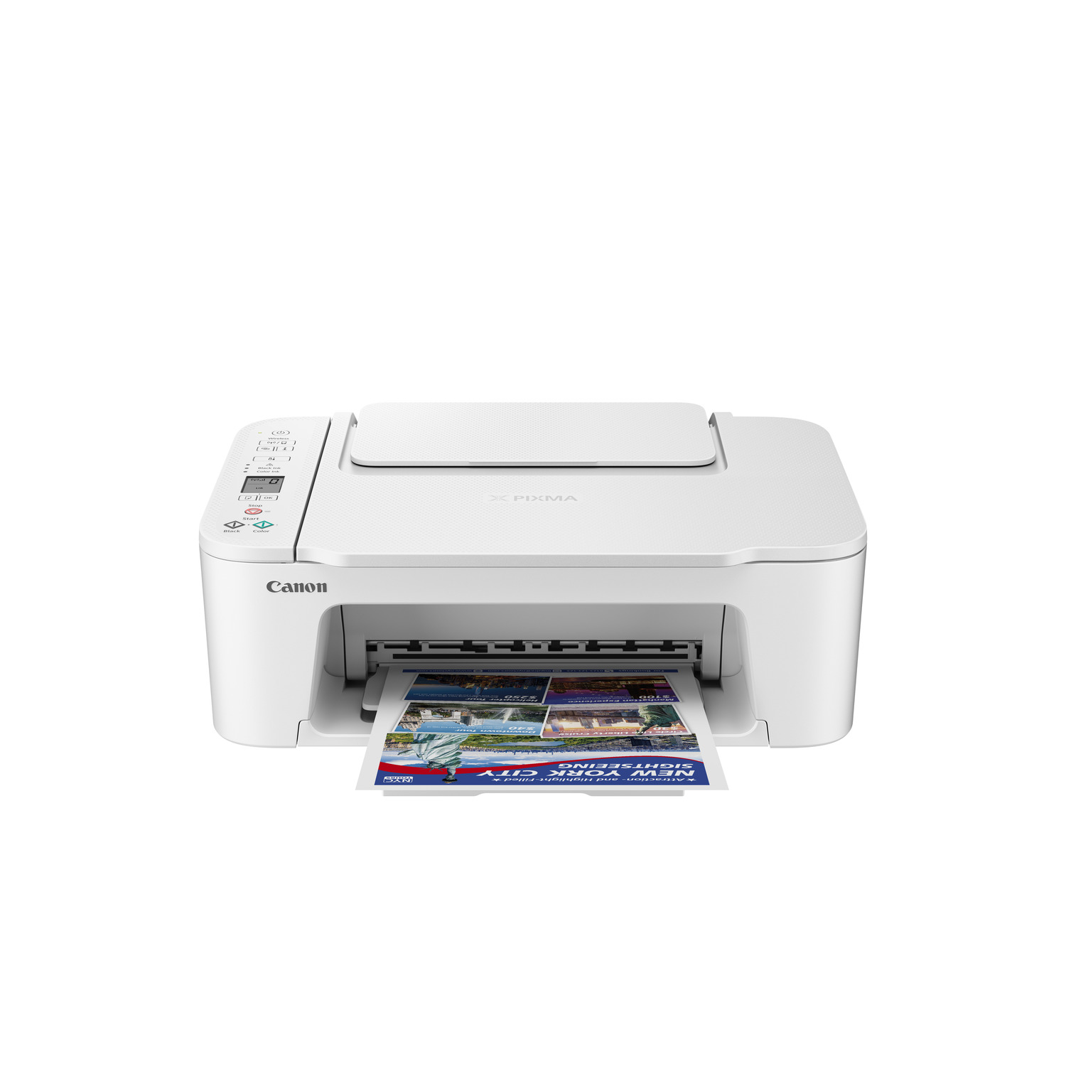 White printer with a printed page, white background.