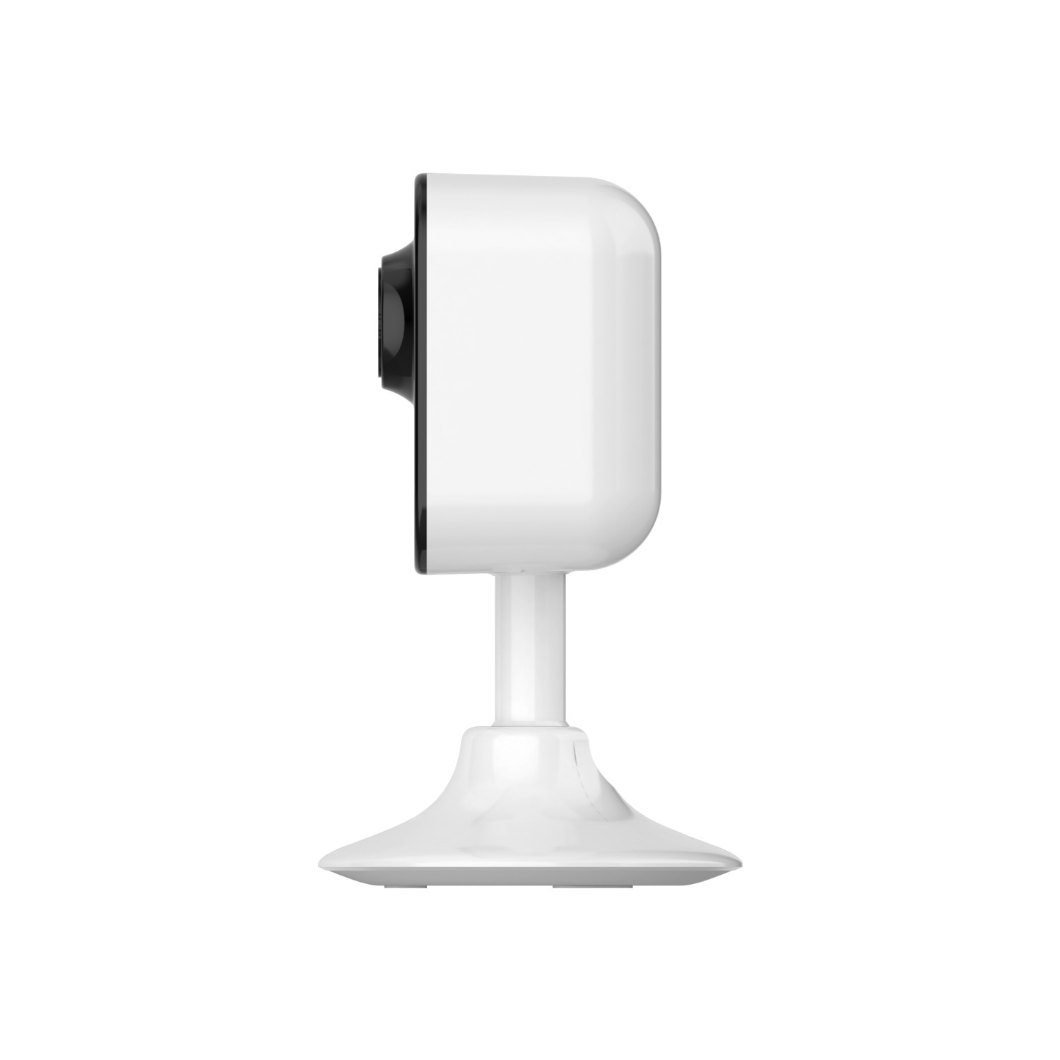 Une caméra de sécurité blanche sur un support blanc. Vue latérale, sur fond blanc.