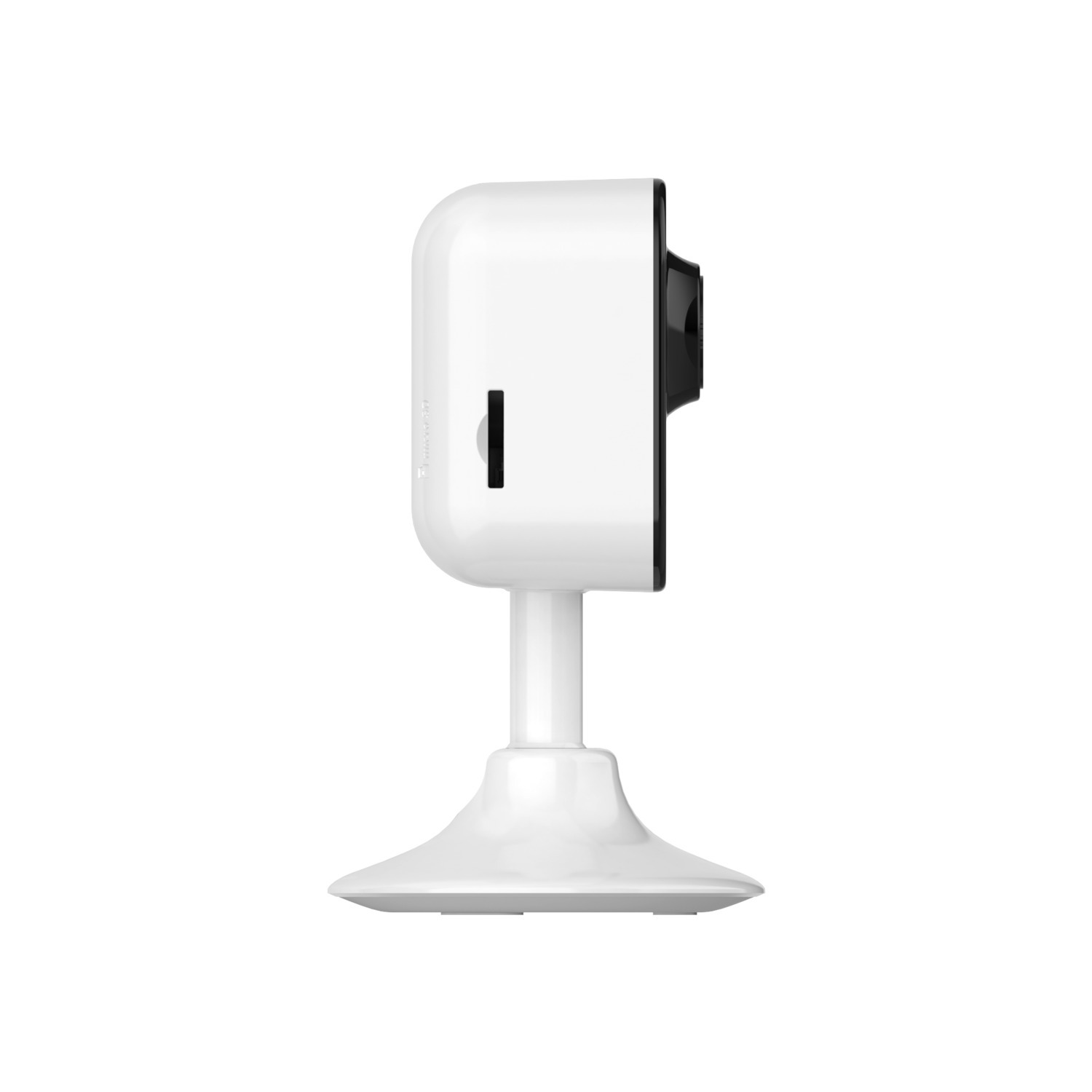 Caméra de sécurité blanche sur un support. Elle a un objectif et un port.