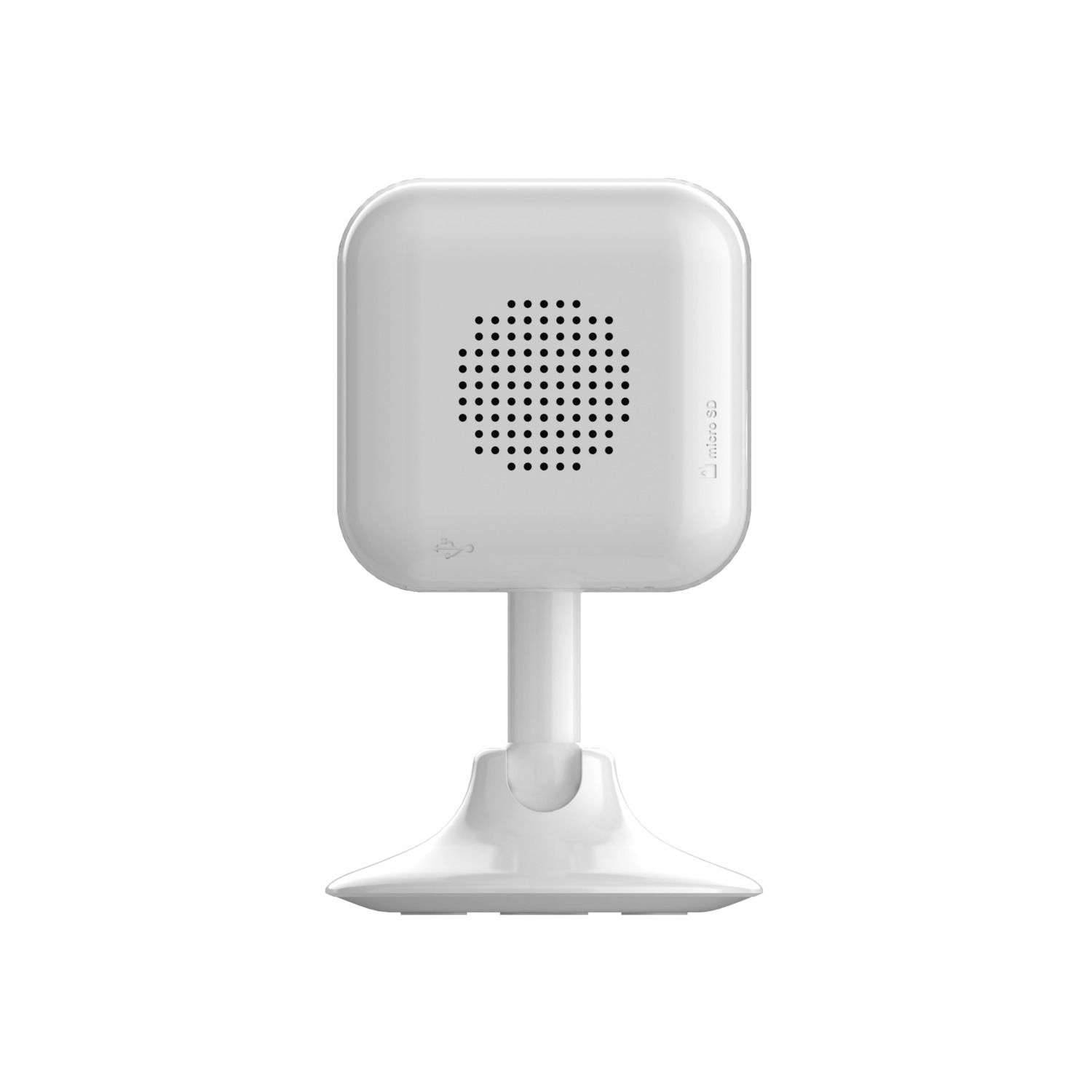 Caméra de sécurité blanche sur un support. Possède un haut-parleur et un port USB. Fond blanc, design simple.
