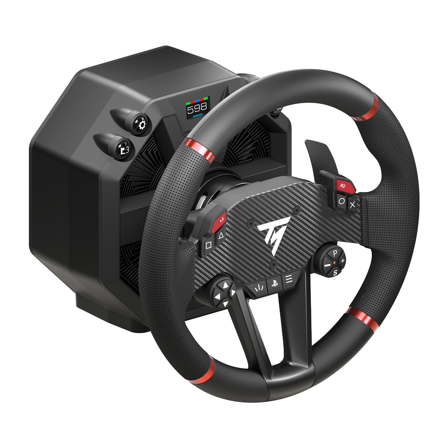 Black and red racing wheel. It has buttons and a display. The steering wheel is on white.