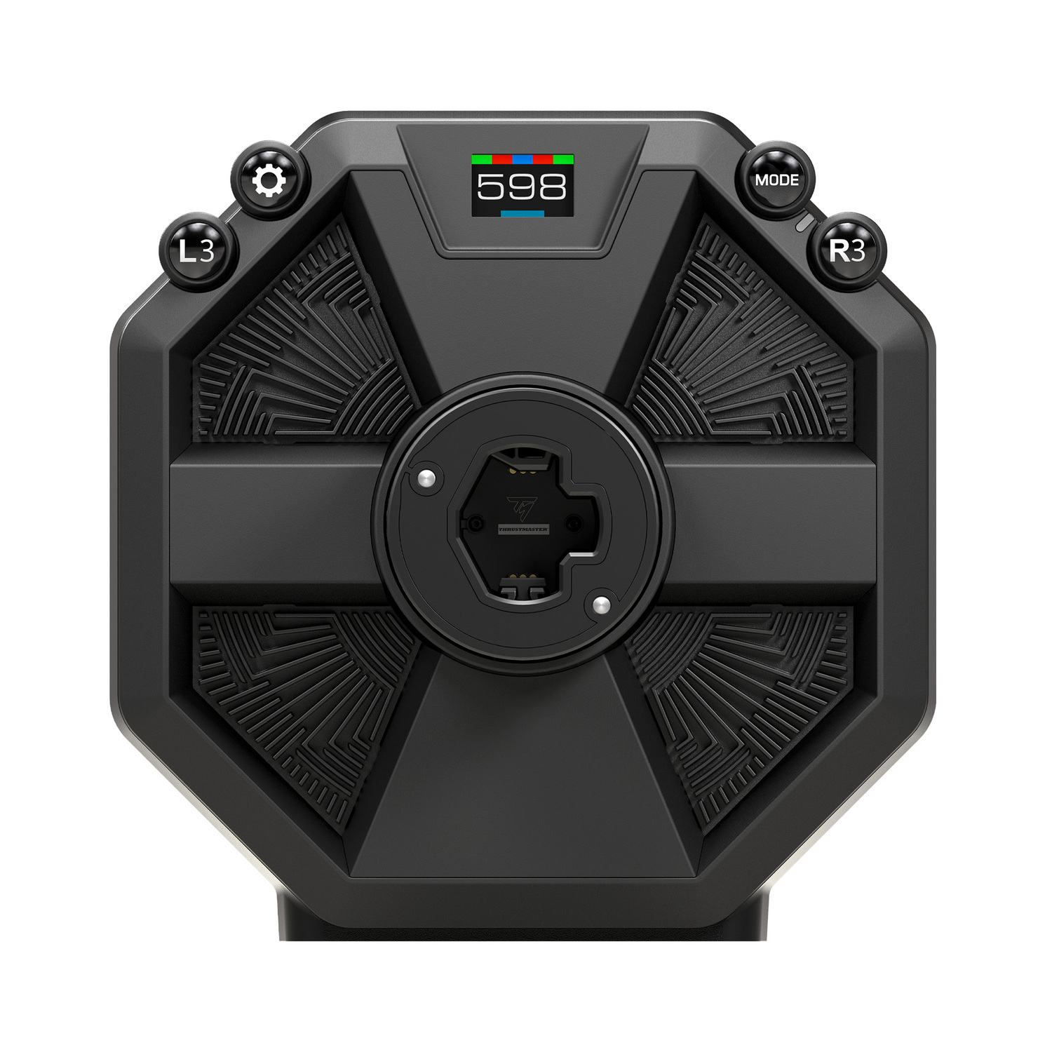 A black steering wheel with buttons, a screen showing numbers, and a center with a logo on a white backdrop.