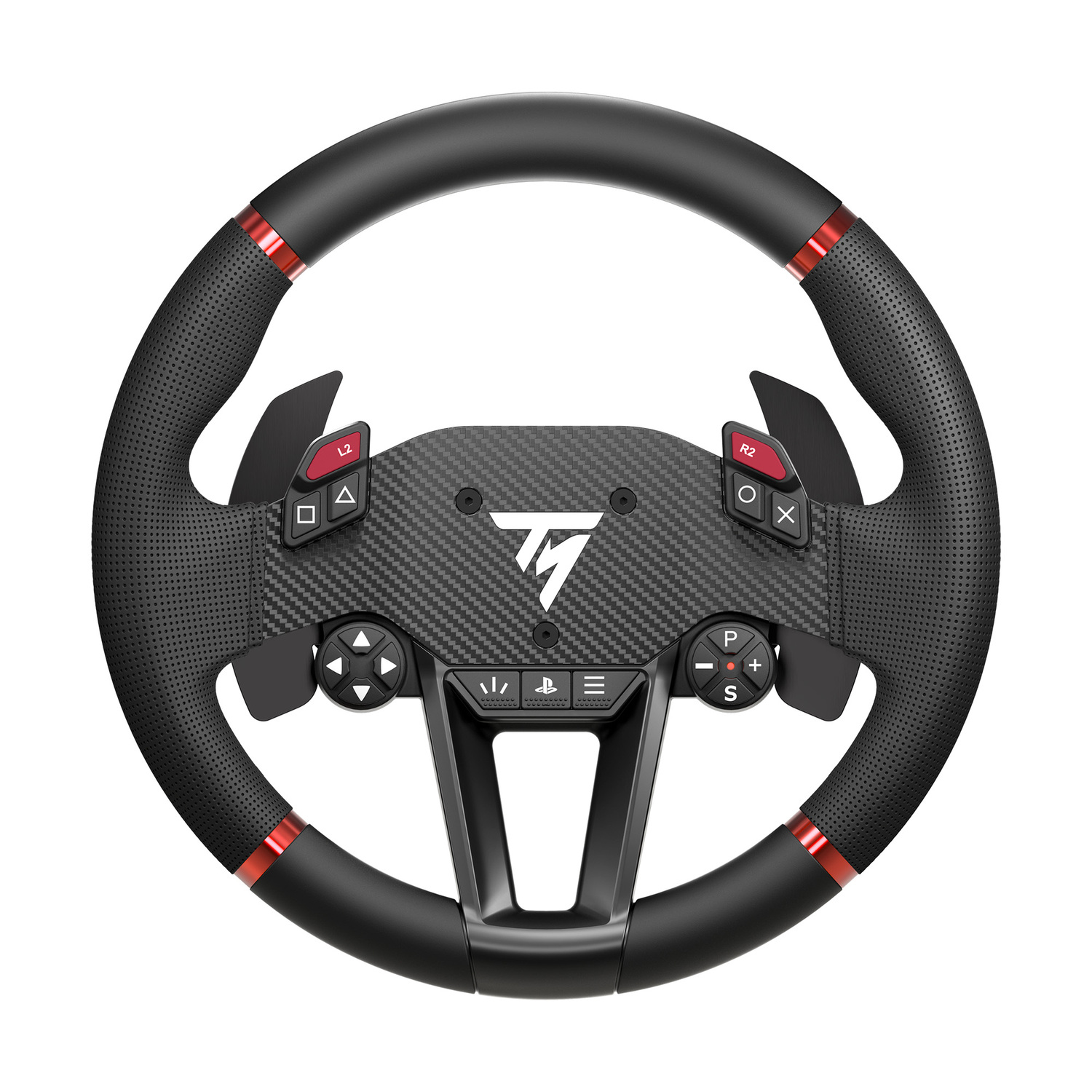 Black racing wheel with red accents, buttons, and paddle shifters.