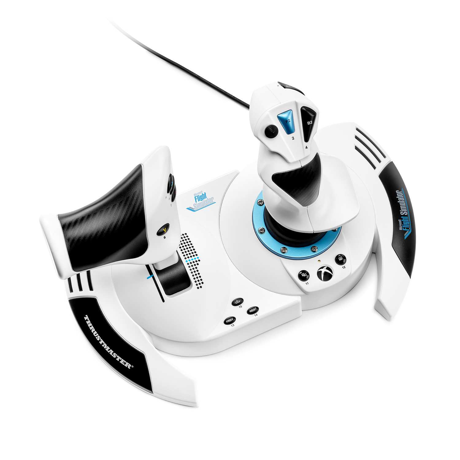 Manche de simulation de vol blanc et noir. Joystick et manette des gaz.