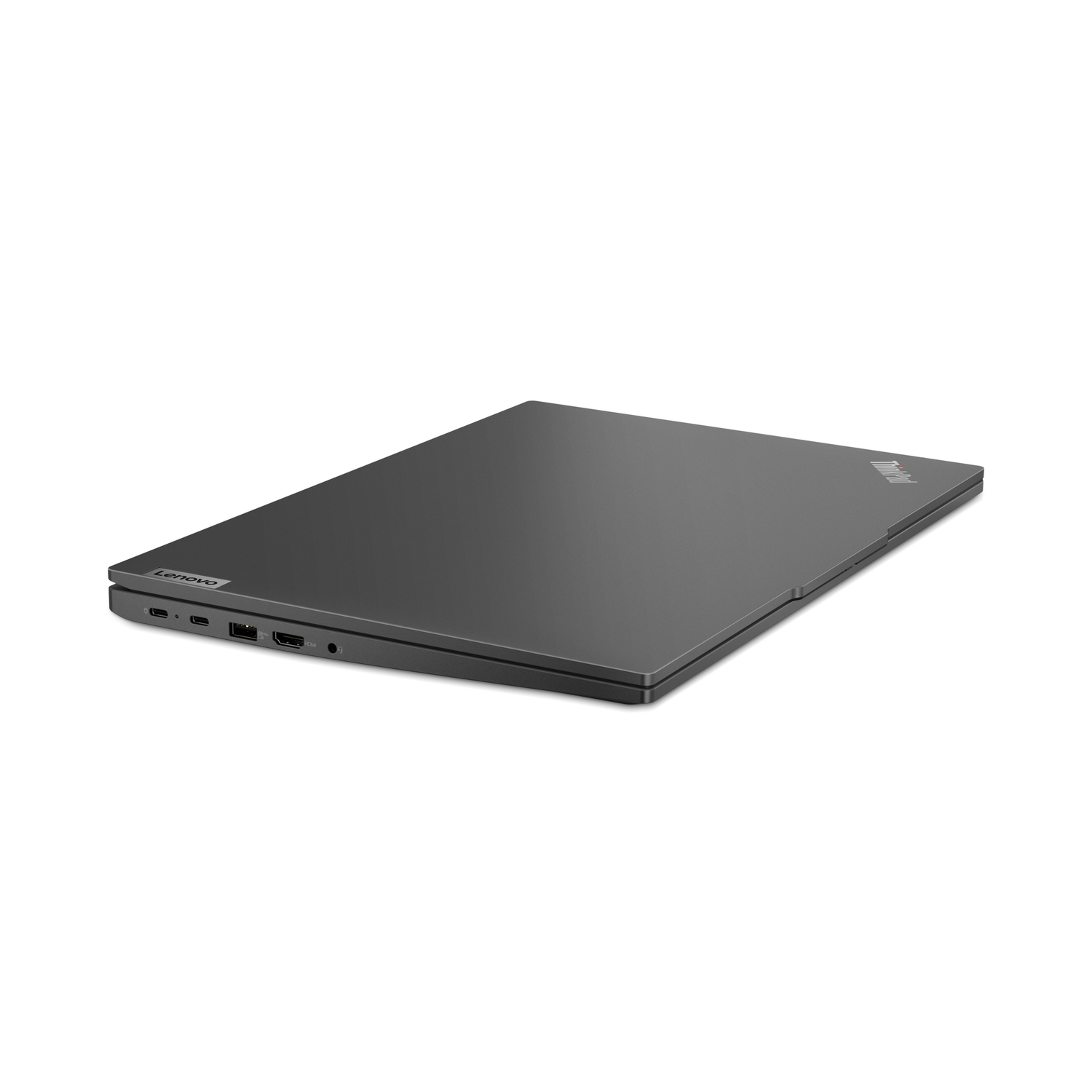 Closed dark Lenovo laptop with ports on the side.