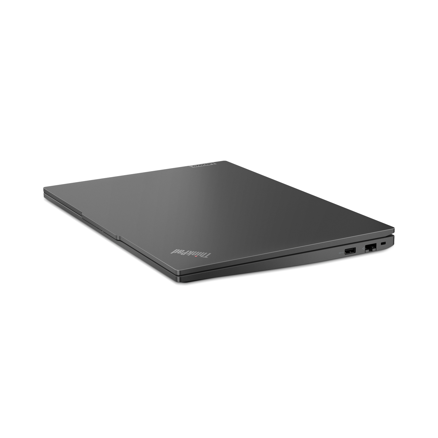 Closed dark laptop with ThinkPad logo on the lid.