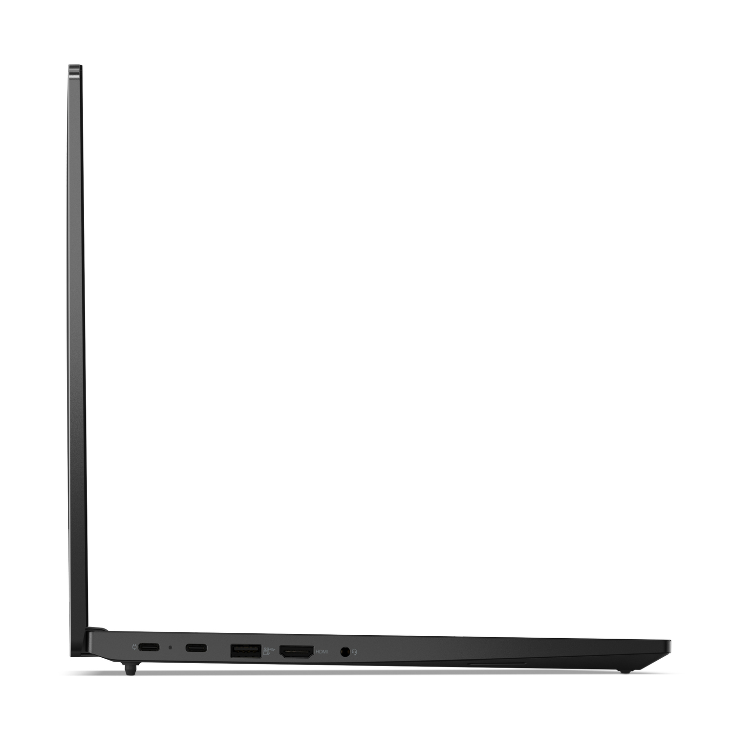 Side view of a black laptop, showing ports: USB-C, USB-A, HDMI, and headphone jack.