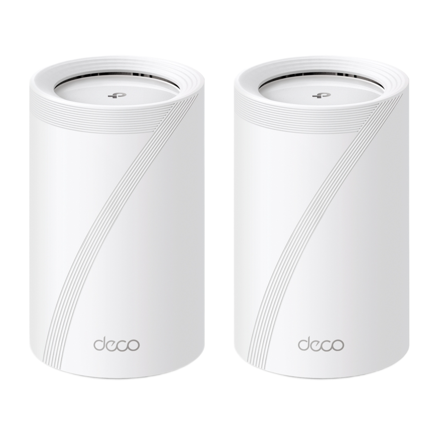 Deux unités WiFi Deco blanches sur fond noir. Chacune est cylindrique.