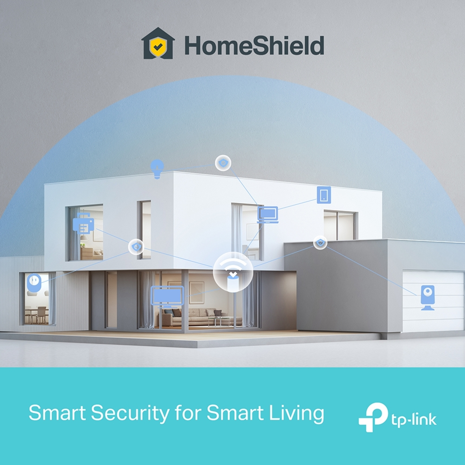 Une maison blanche moderne avec des icônes de sécurité. Sécurité intelligente pour une vie intelligente.
