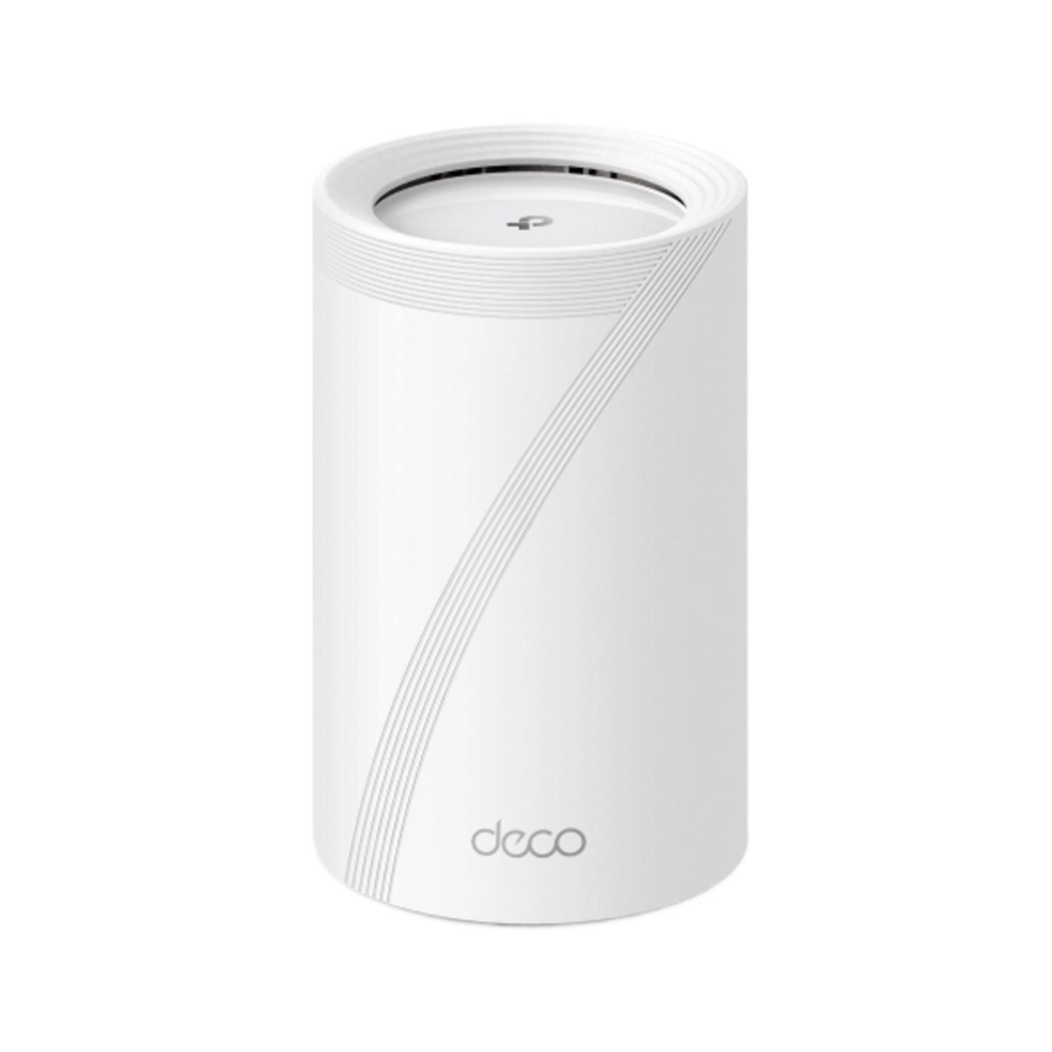 Routeur Wi-Fi Deco cylindrique blanc. Il a un design élégant avec une esthétique simple et épurée.