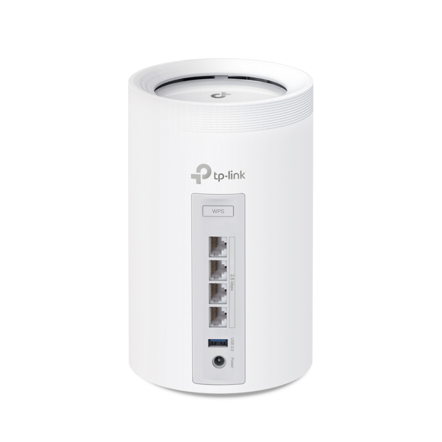 Un routeur TP-Link blanc avec des ports et un contour, avec un fond blanc.