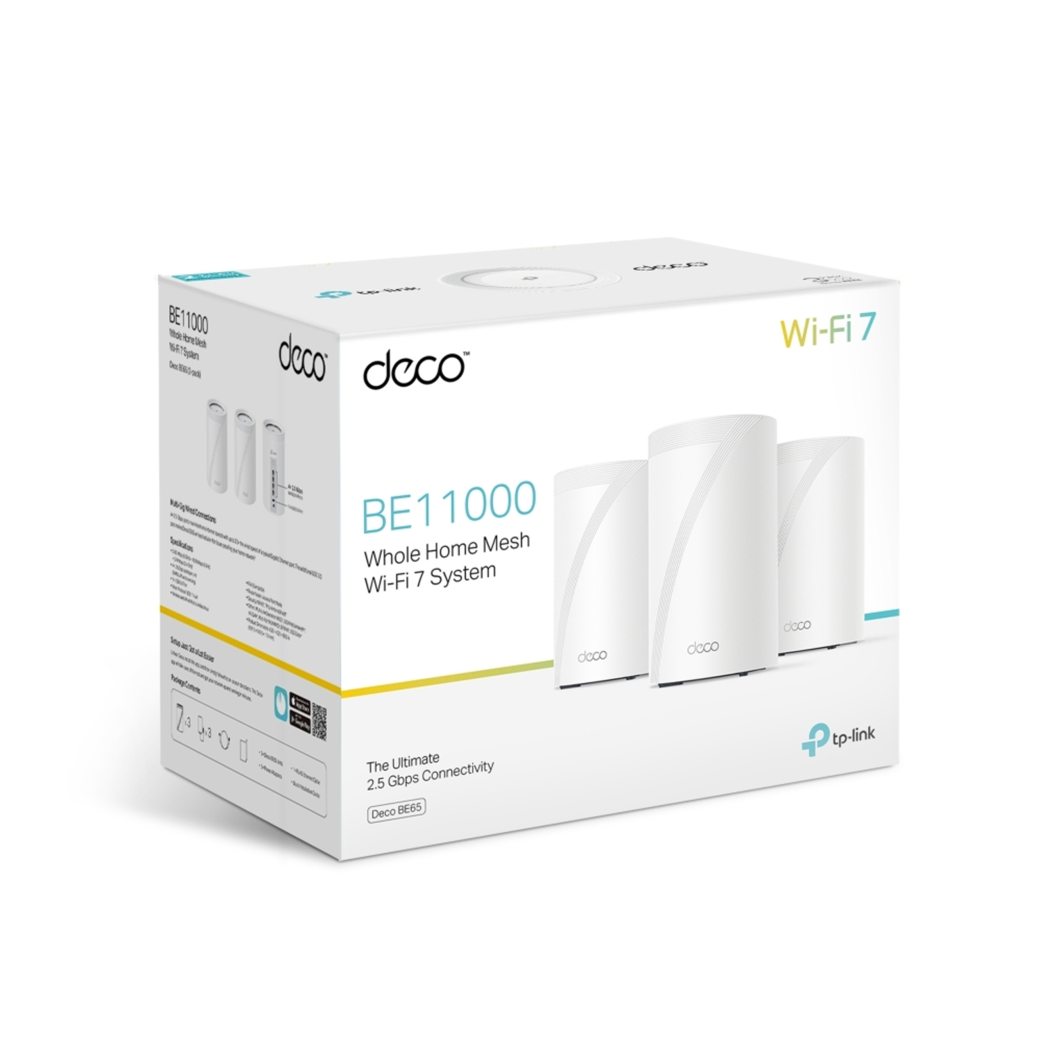 Boîte blanche avec trois unités de maillage Wi-Fi 7 blanches. Texte : BE11000 Whole Home Mesh Wi-Fi 7 System.