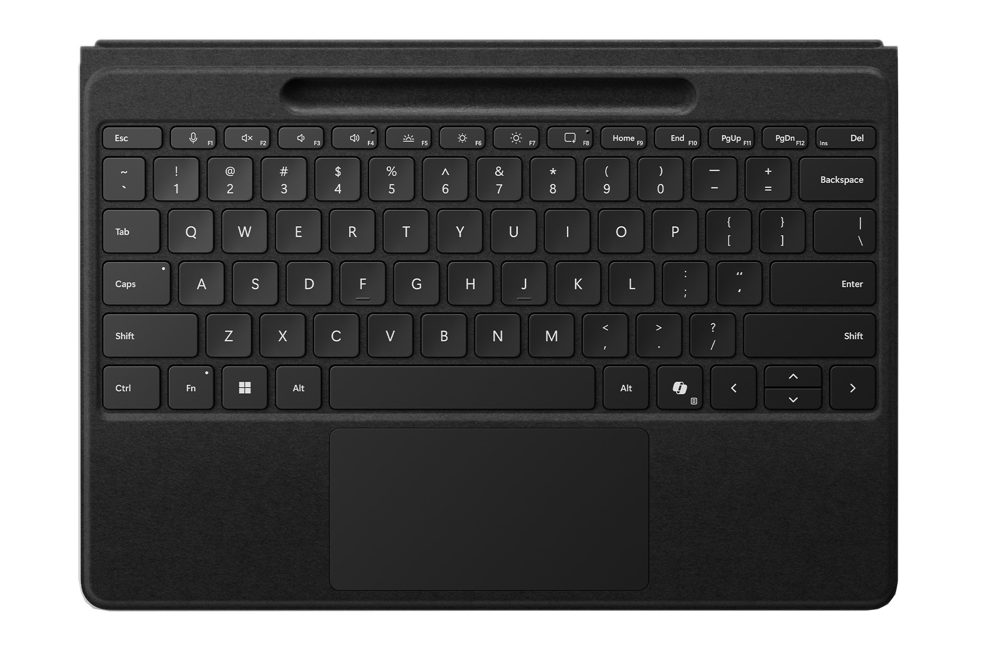 Czarna klawiatura z białymi literami i gładzikiem. Klawisze obejmują litery, cyfry i klawisze funkcyjne.