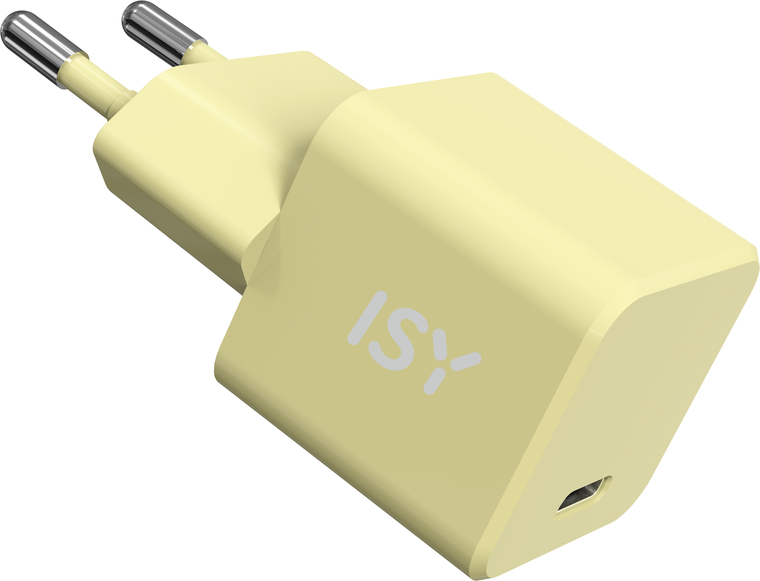Ein gelbes Ladegerät mit zwei Metallstiften und dem Wort "ISY".