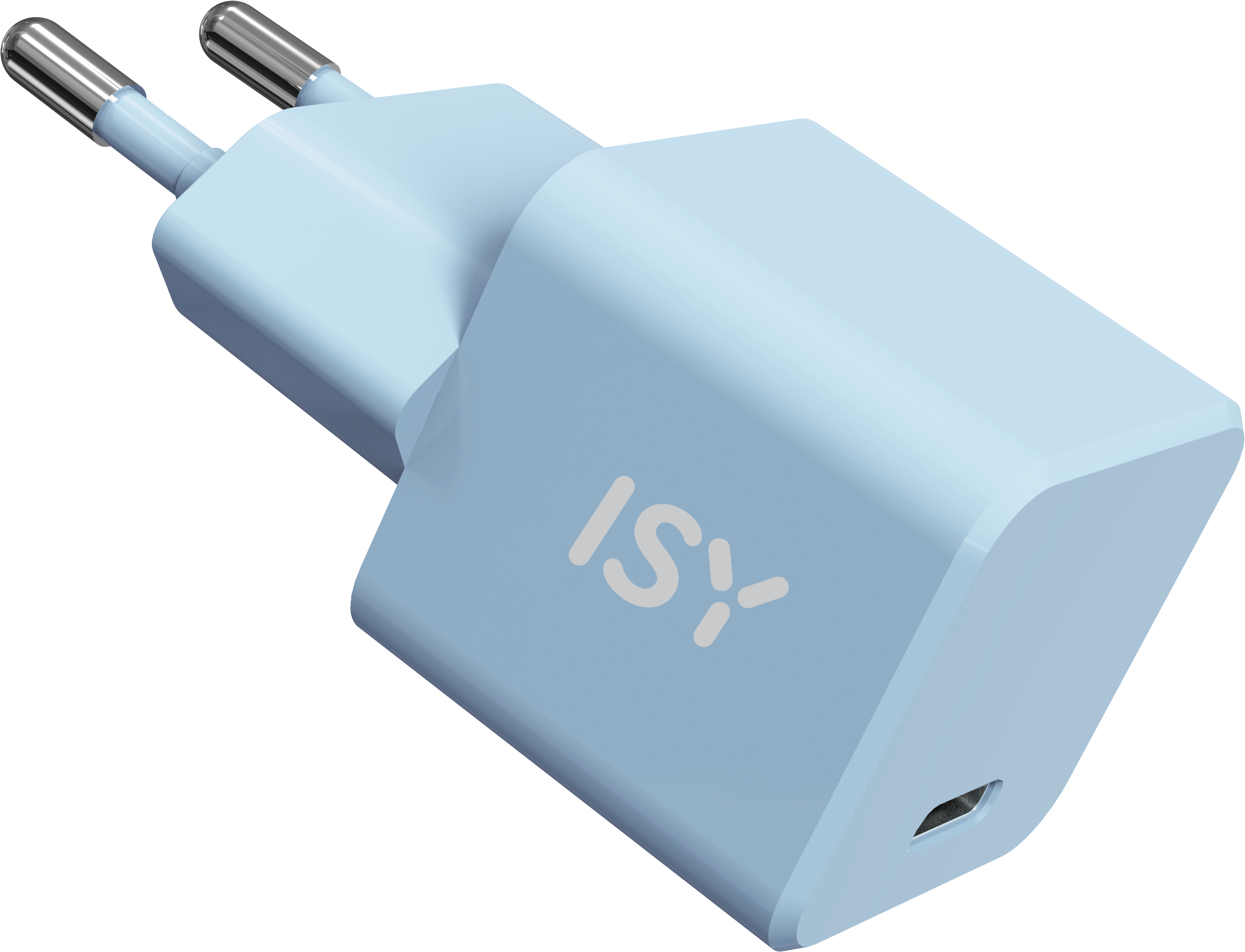 Ein hellblaues ISY-Ladegerät mit silbernen Stiften und einem USB-C-Anschluss.