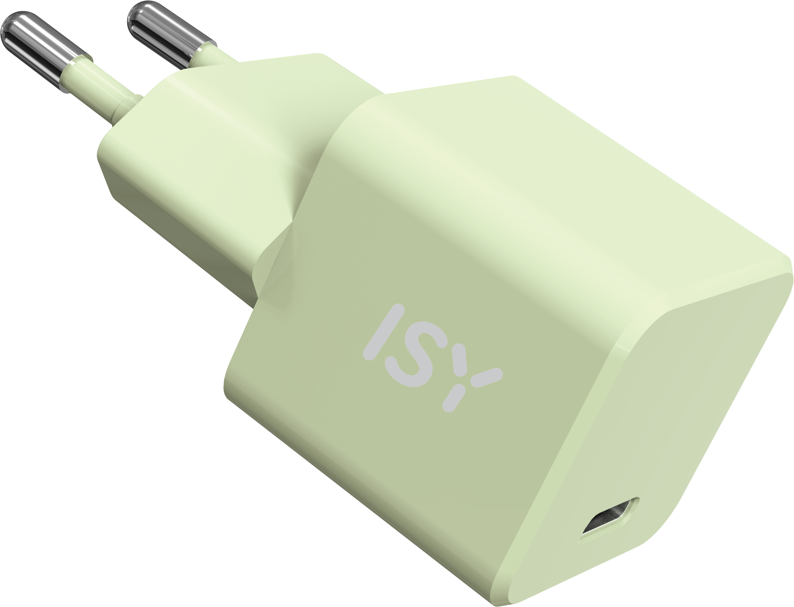 Grünes Ladegerät mit zwei Stiften und dem Text 'ISY'.