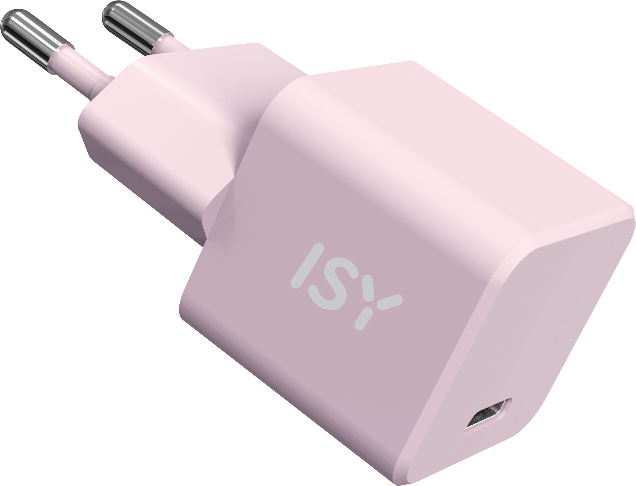 Rosa ISY-Ladegerät mit zwei Stiften, USB-Anschluss unten.