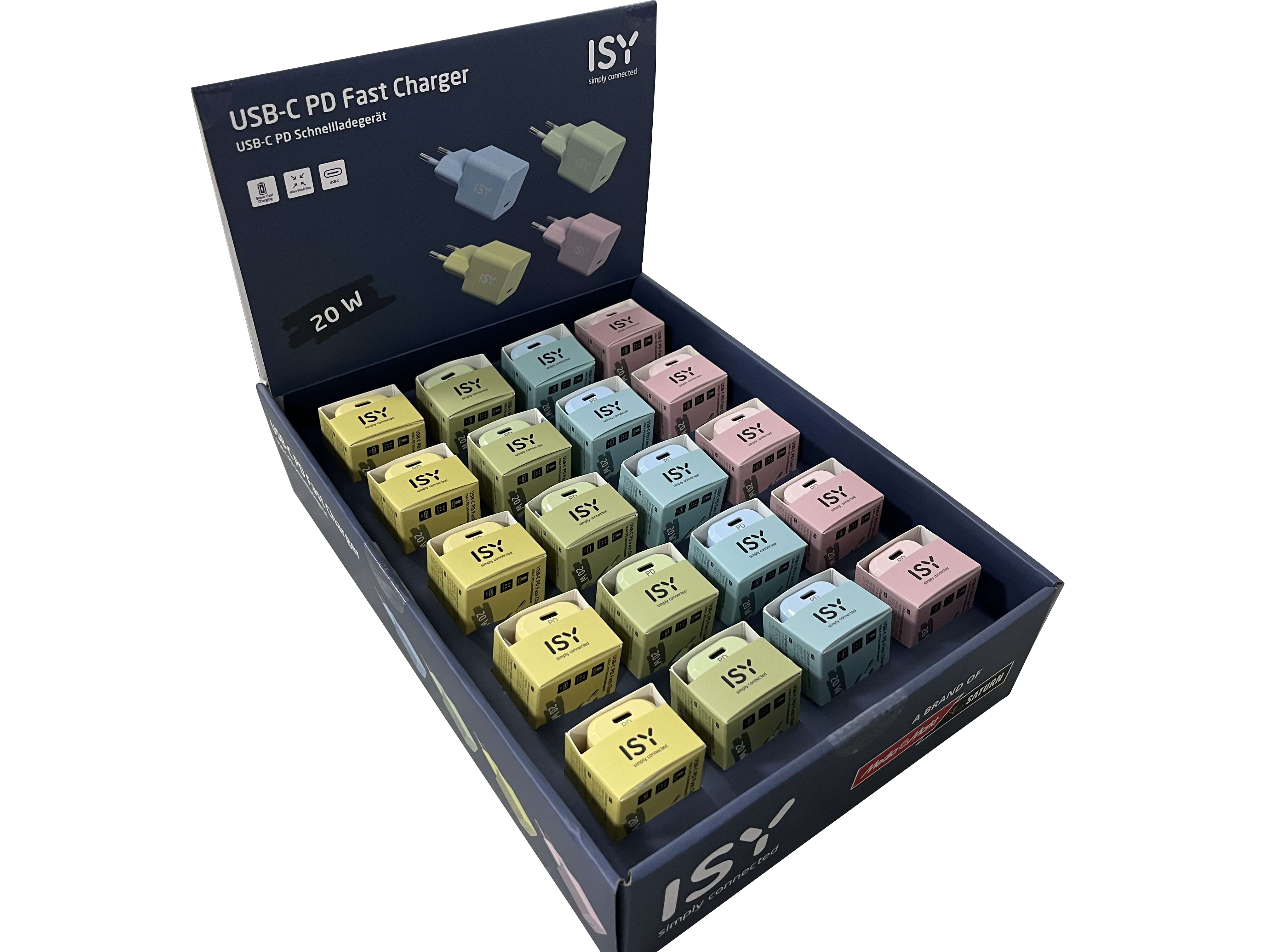 Auslage von USB-C PD Schnellladegeräten in einem Geschäft. Verschiedene Farben, mit Verpackung.