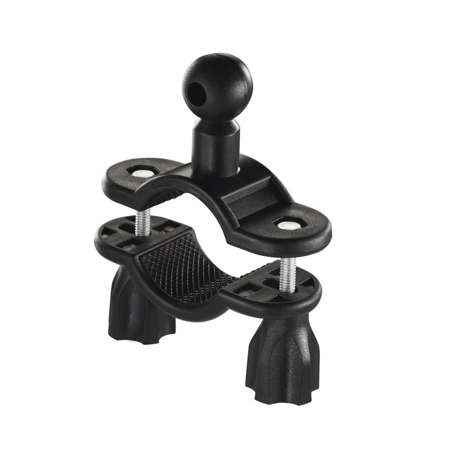 A black clamp with a ball joint on top. The clamp has two arms with screw threads.