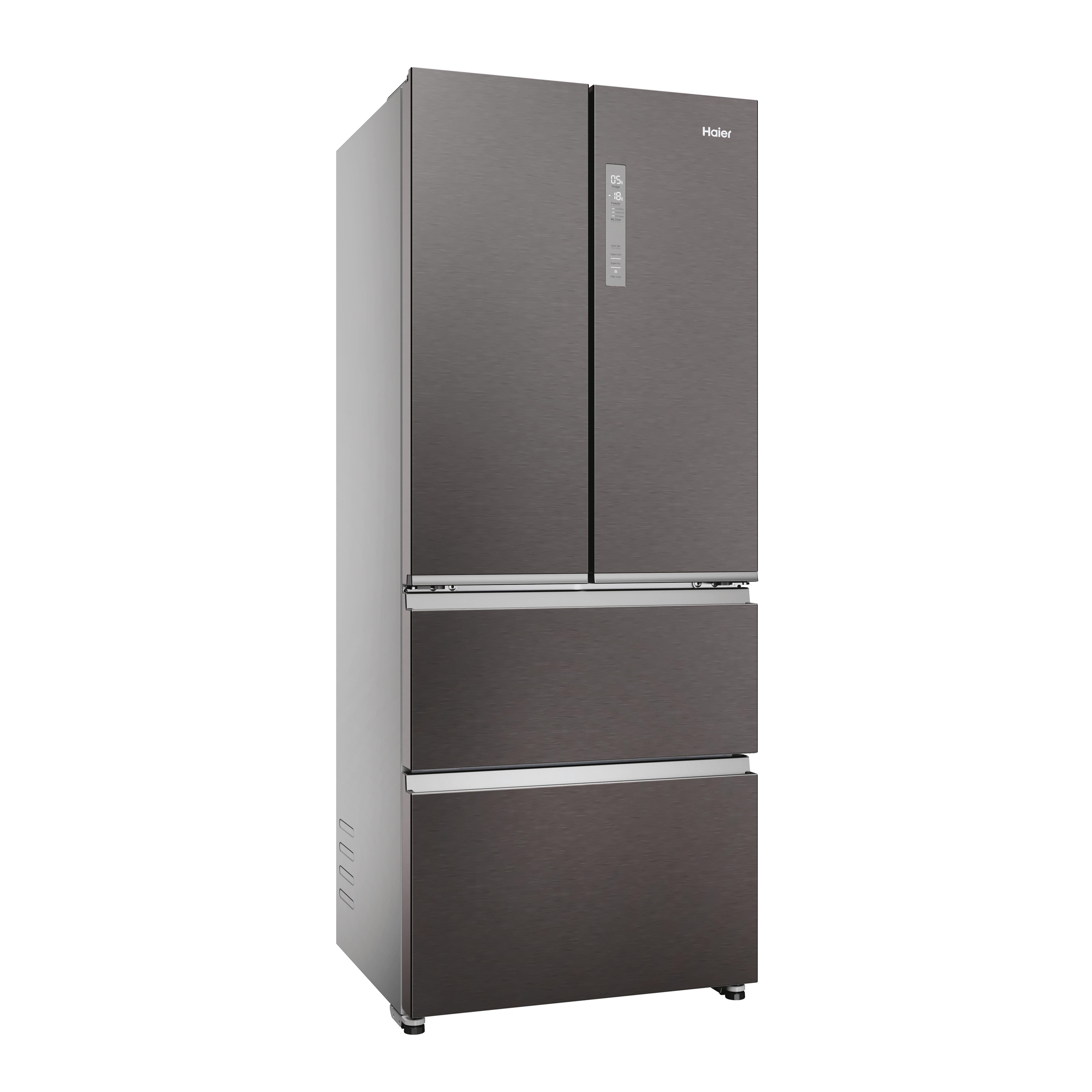Ein Haier-Kühlschrank mit vier Türen in Dunkelgrau.