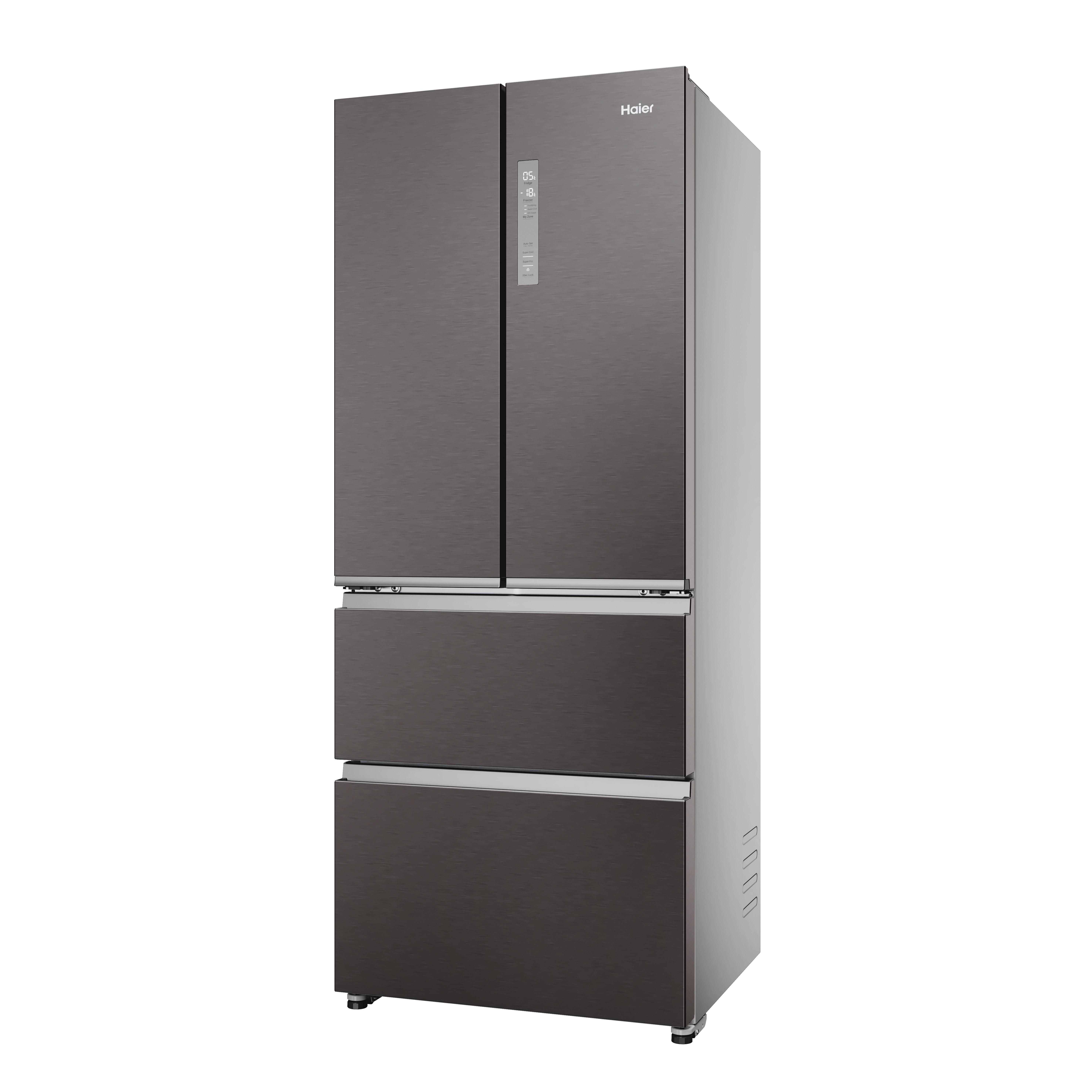 Ein grauer Haier-Kühlschrank mit drei Türen.