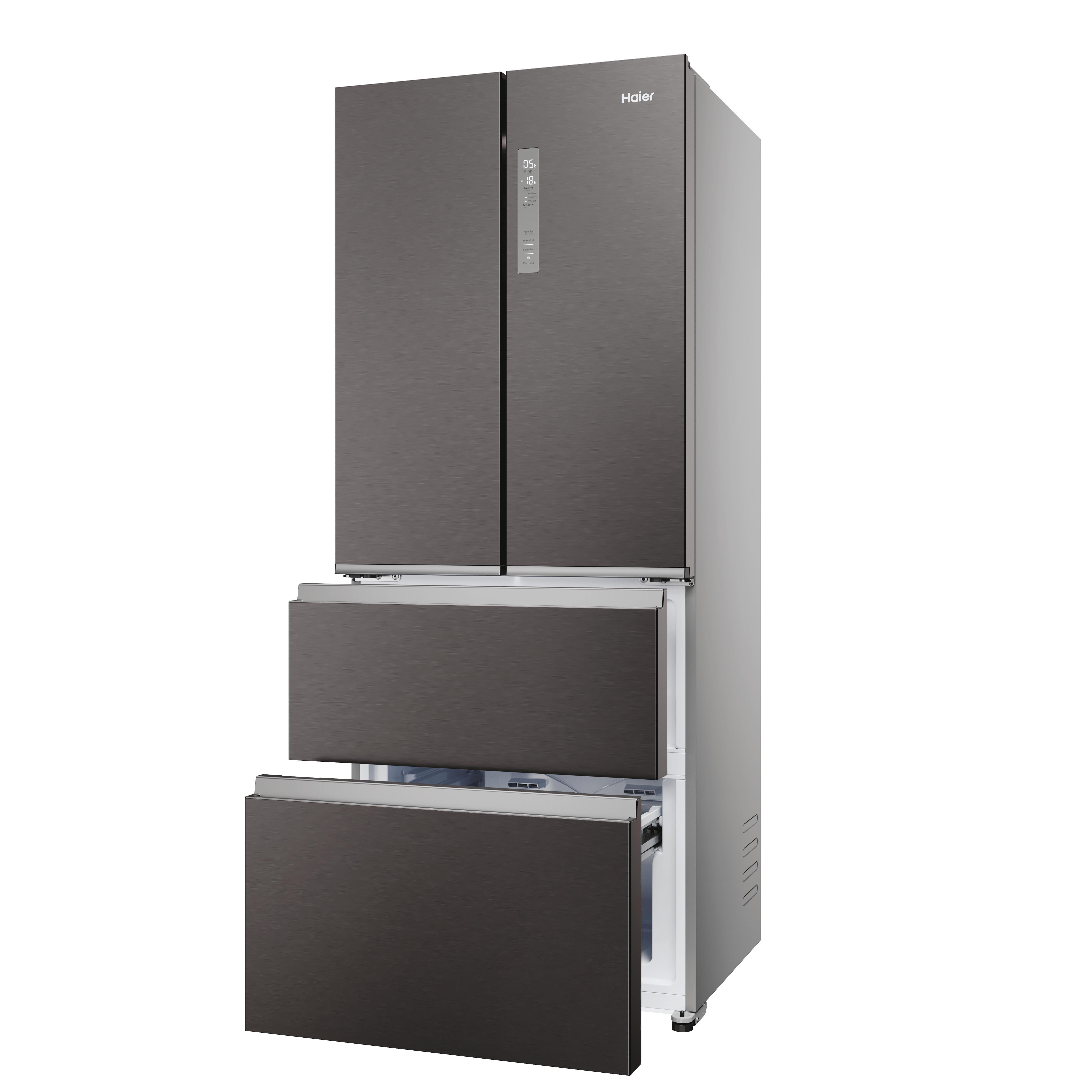 Dunkelgrauer Haier-Kühlschrank mit drei Türen und Schubladen, geöffnet.