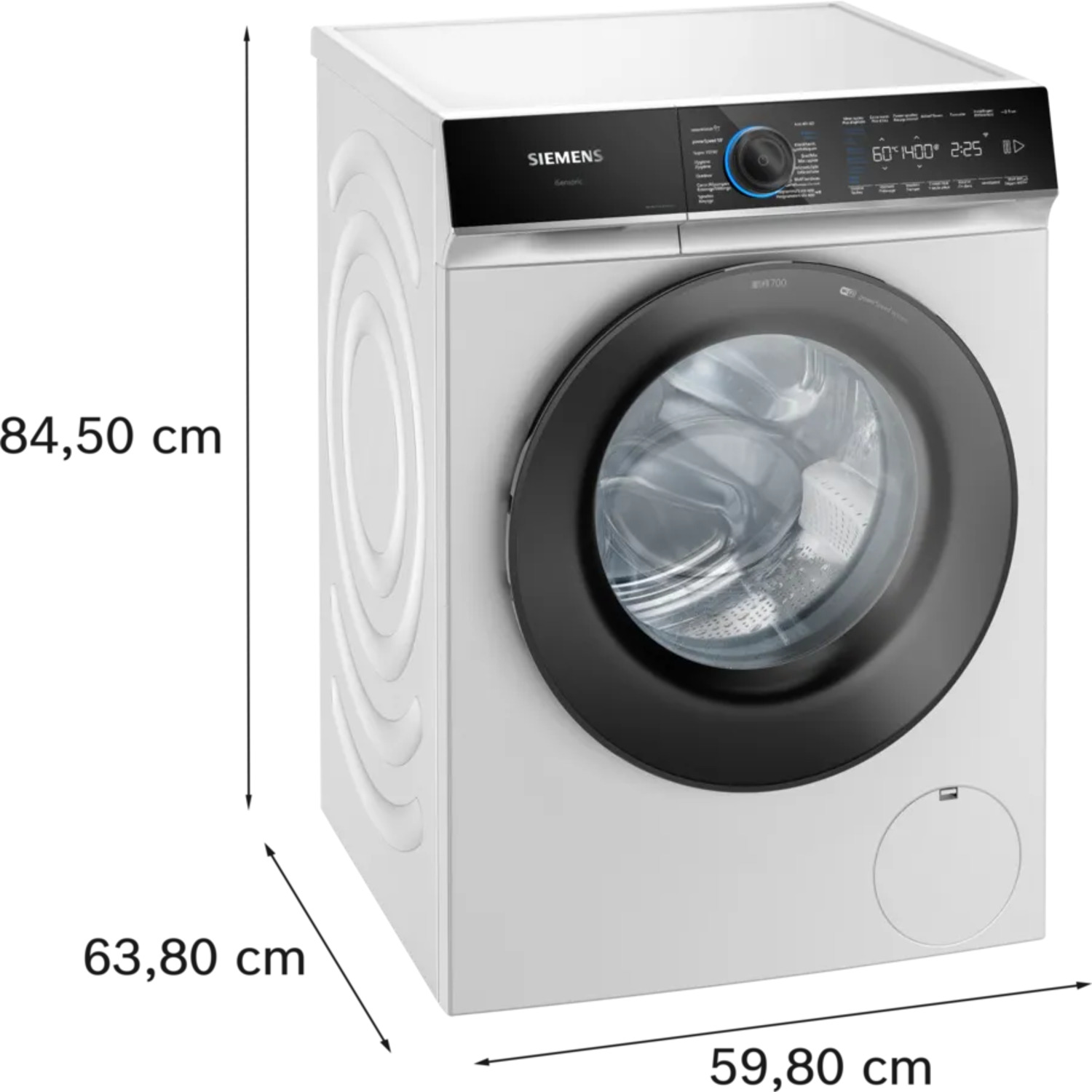 White Siemens washing machine, dimensions shown. Black door and control panel.