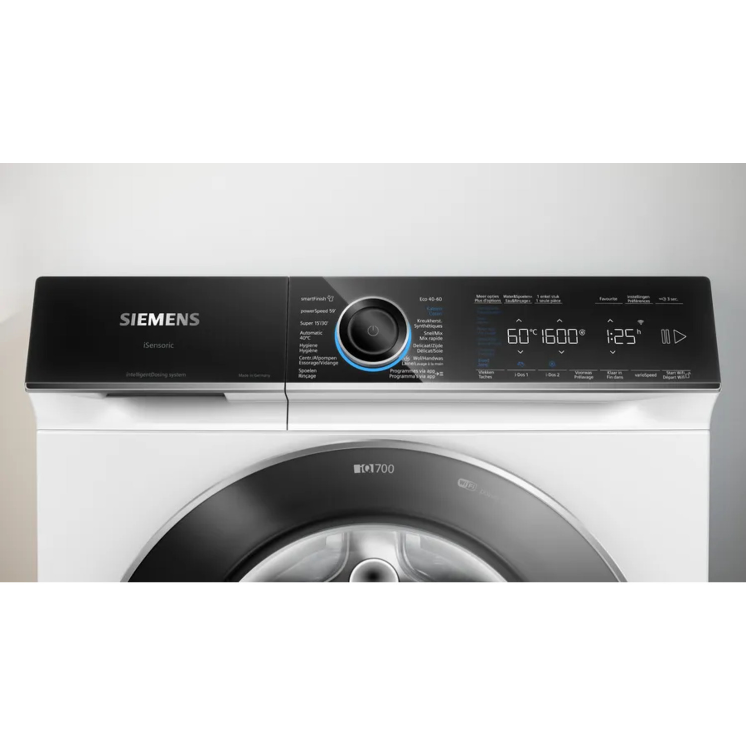 Washing machine control panel, black and white.