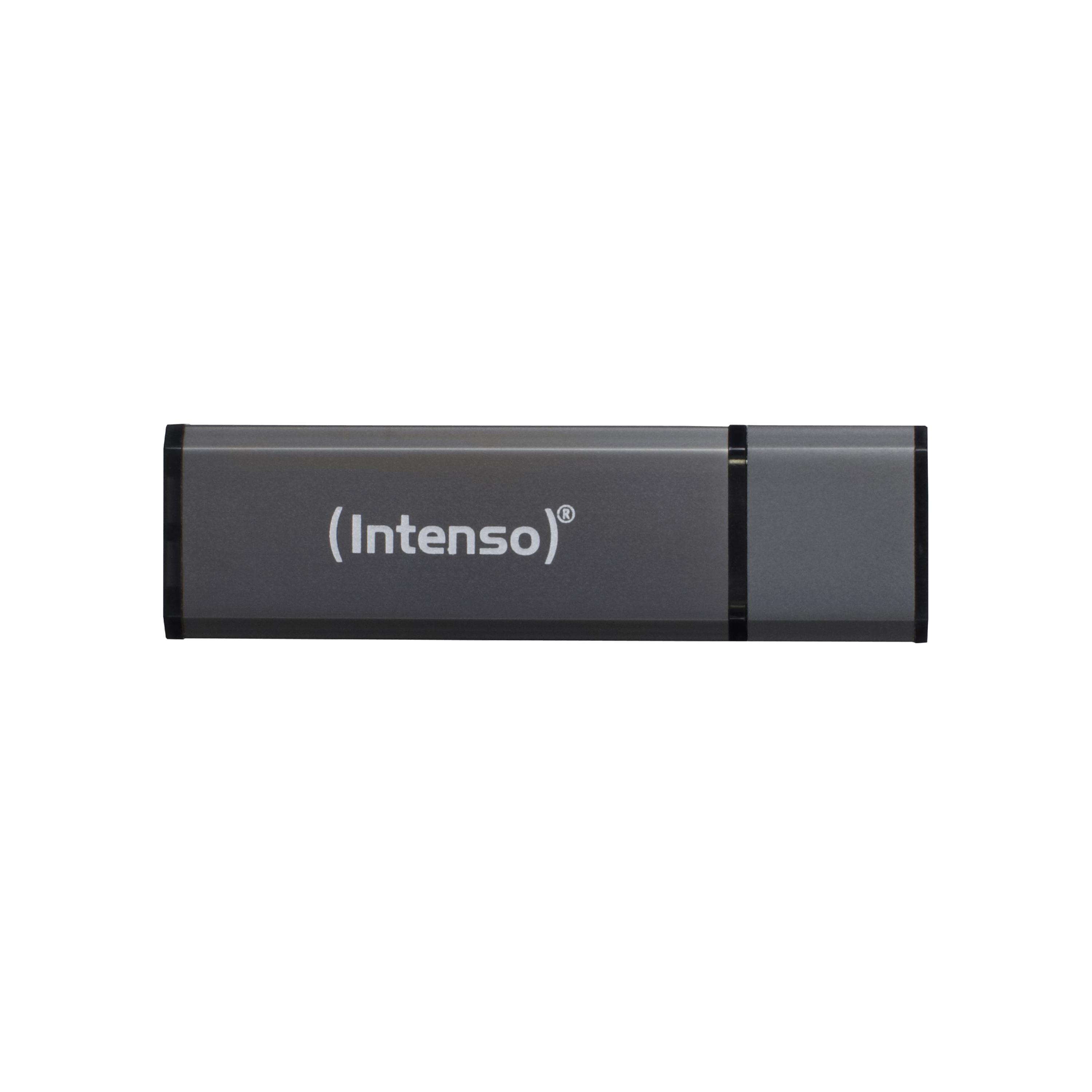 Ein einzelner grauer (Intenso) USB-Stick.