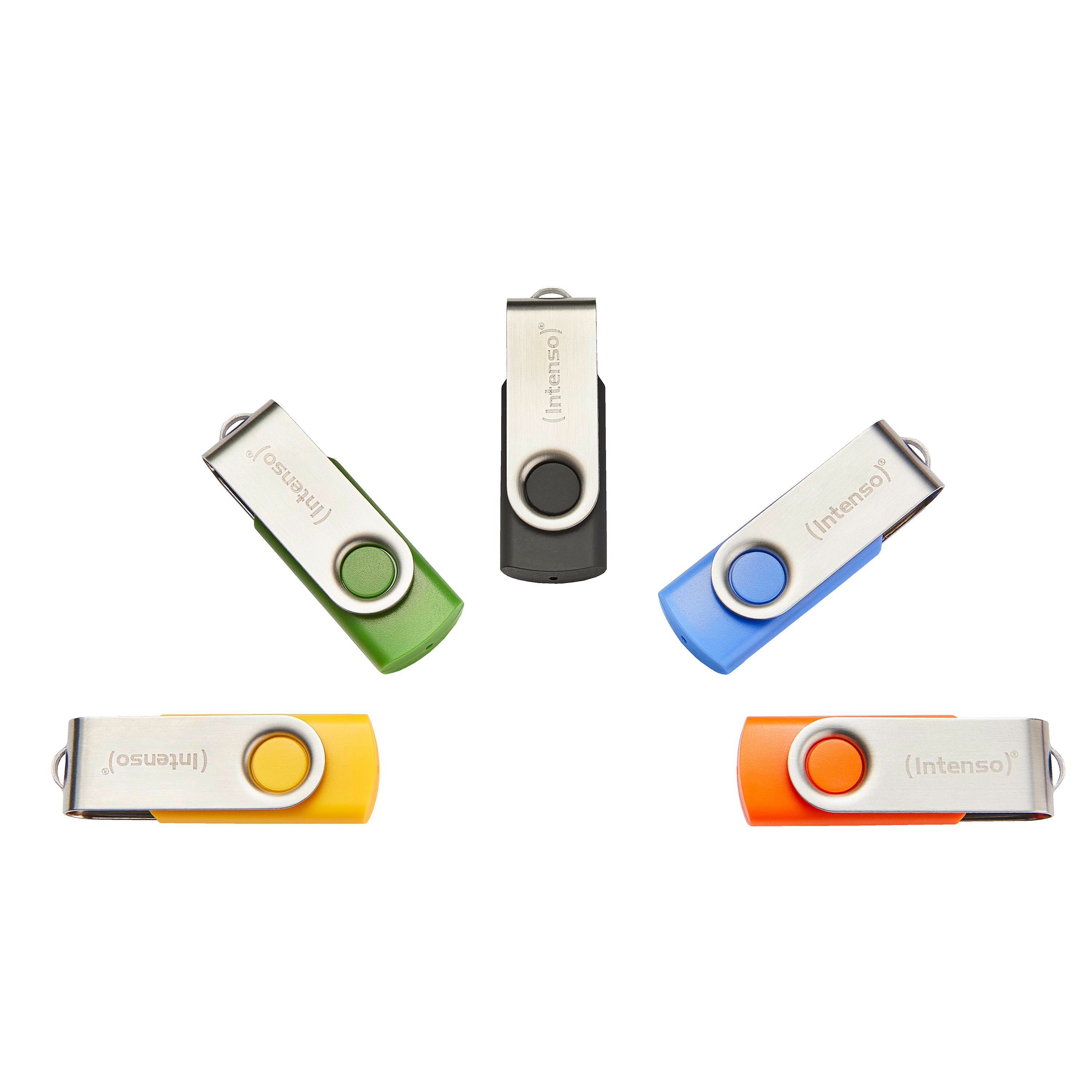 Fünf USB-Flash-Laufwerke in verschiedenen Farben: grün, blau, orange, gelb und ein schwarzes.