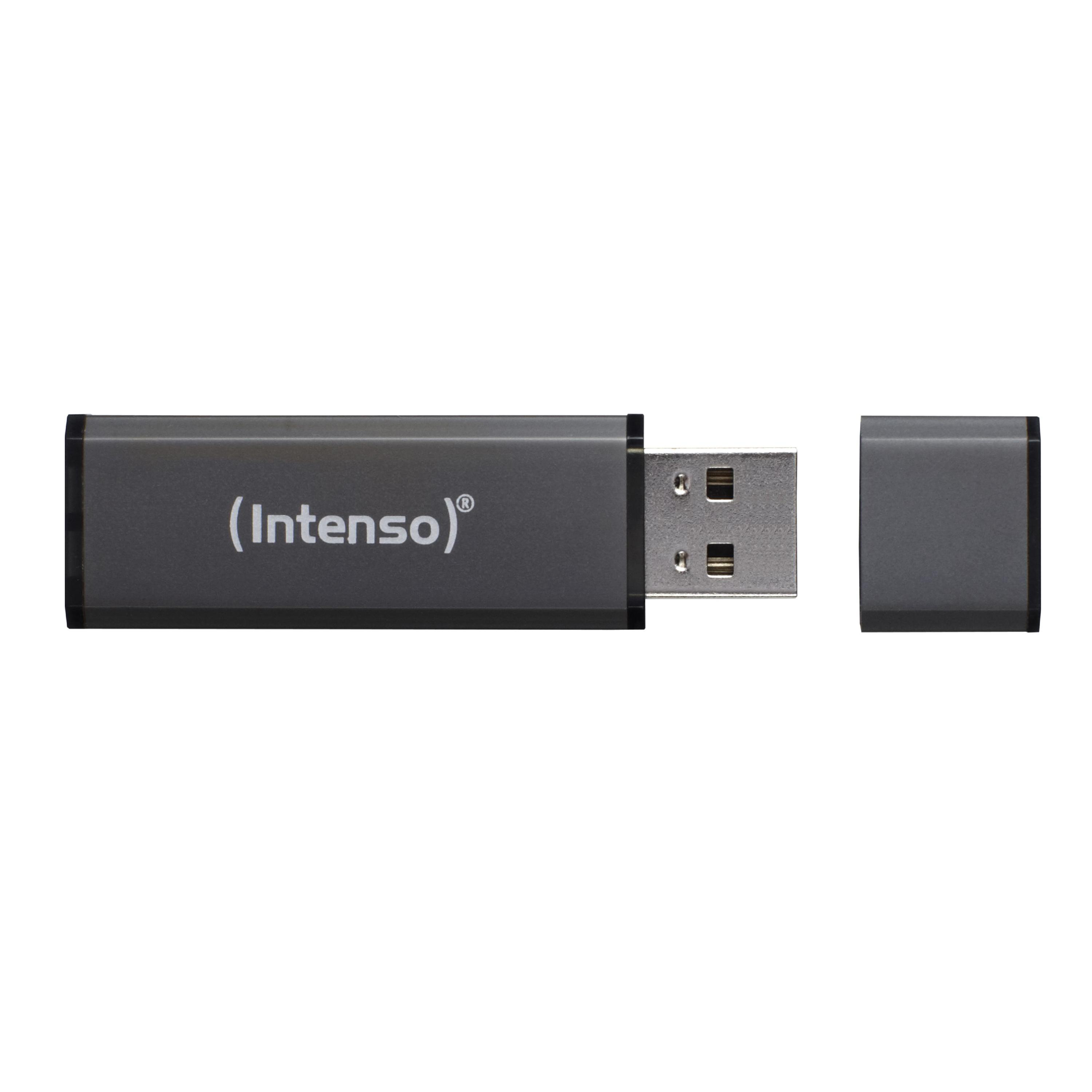 Ein grauer USB-Stick mit dem Markennamen 'Intenso' und seiner Kappe daneben.