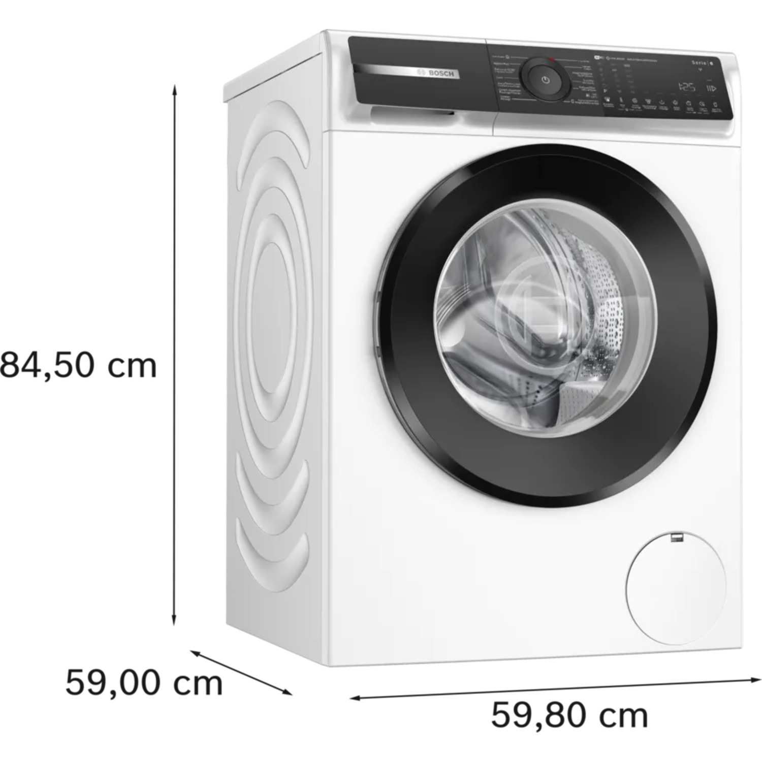 Witte Bosch wasmachine met afmetingen weergegeven. De machine staat op een witte achtergrond.