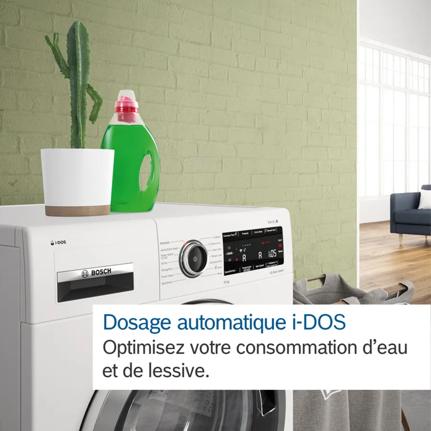 Machine à laver blanche, liquide vert, cactus en pot, texte : Dosage automatique i-DOS.