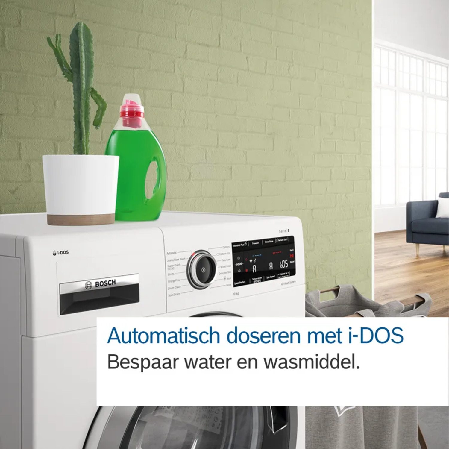 Een wasmachine met een plant en wasmiddel.