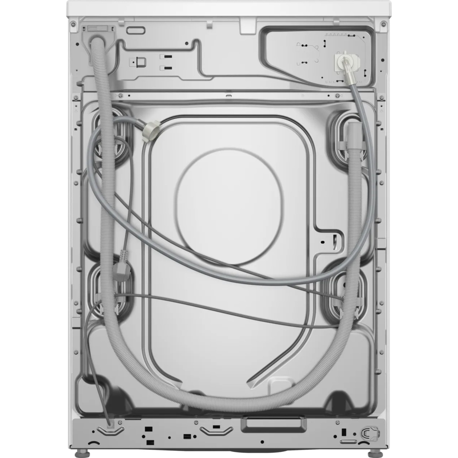 De achterkant van een witte wasmachine, met slangen, pijpen en een grote centrale opening.