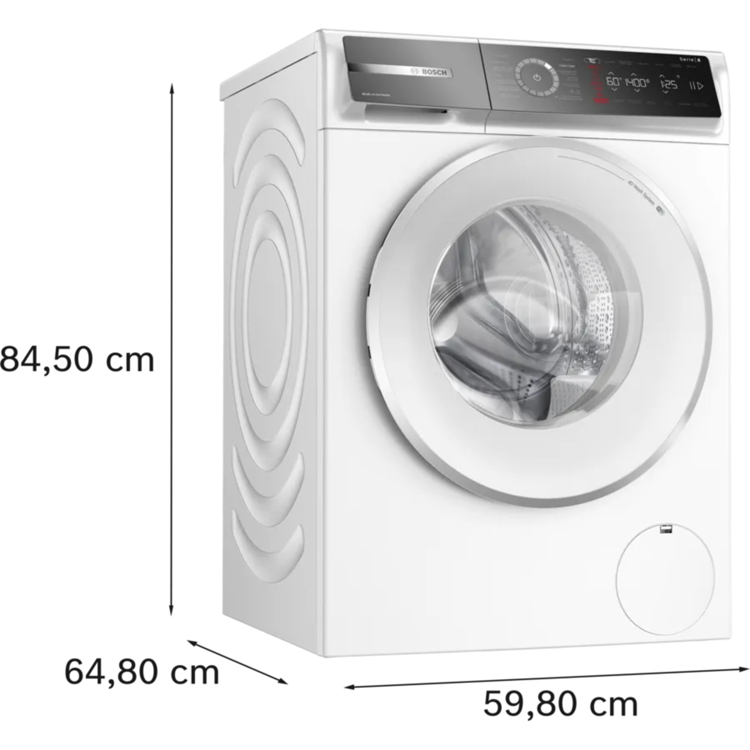 Witte wasmachine met afmetingen in cm: 84,50, 64,80, 59,80.