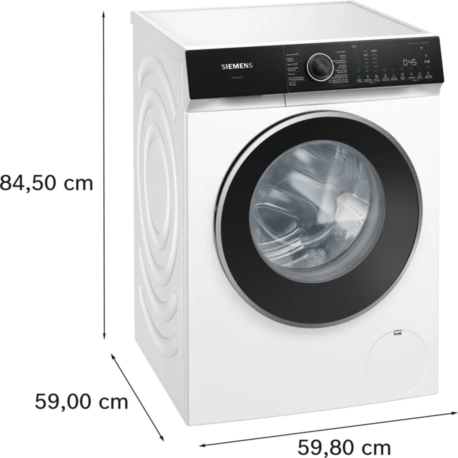 Lave-linge Siemens blanc, dimensions indiquées par des flèches.