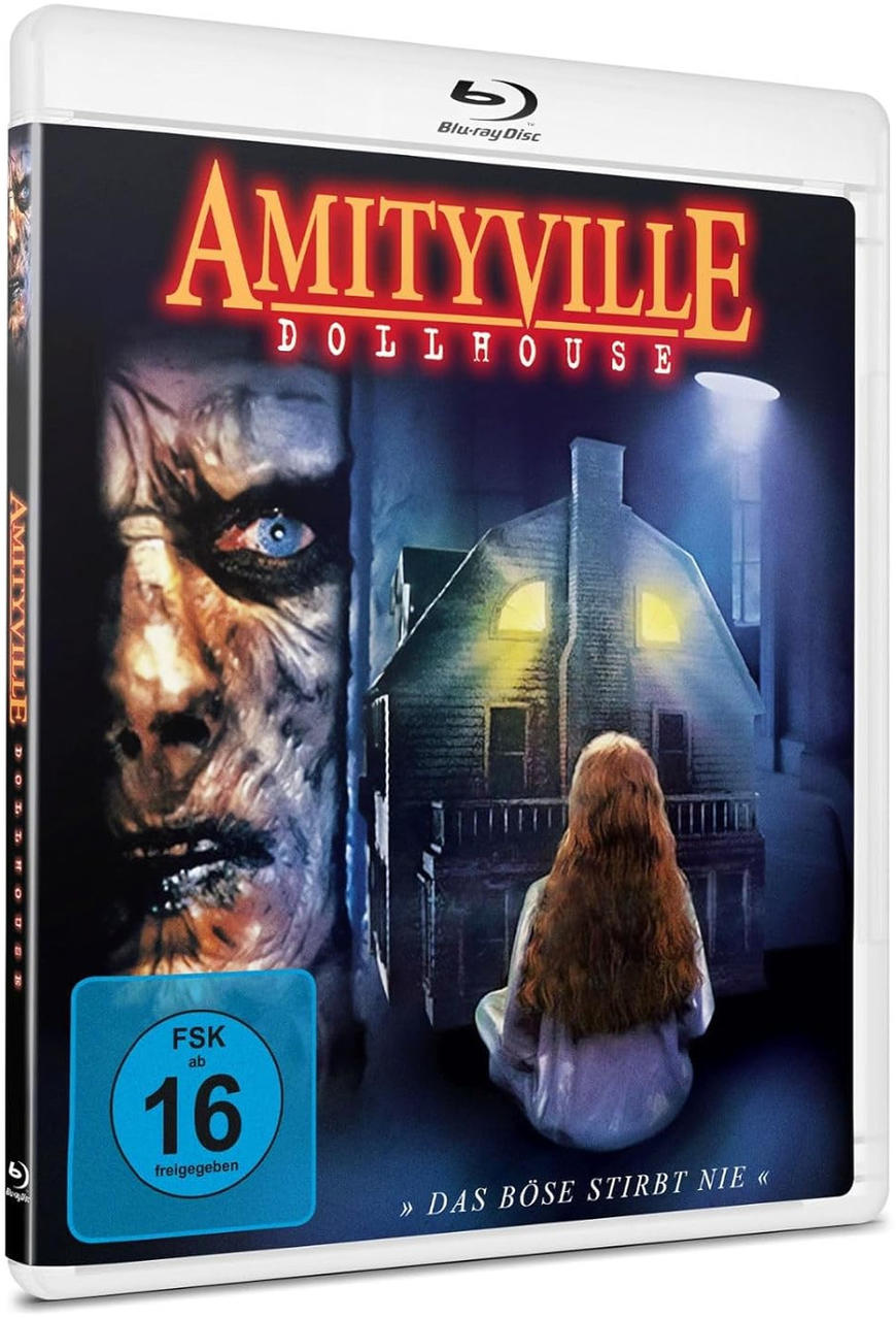 Filmcover von Amityville, einem Geisterhaus und einem gruseligen Gesicht.