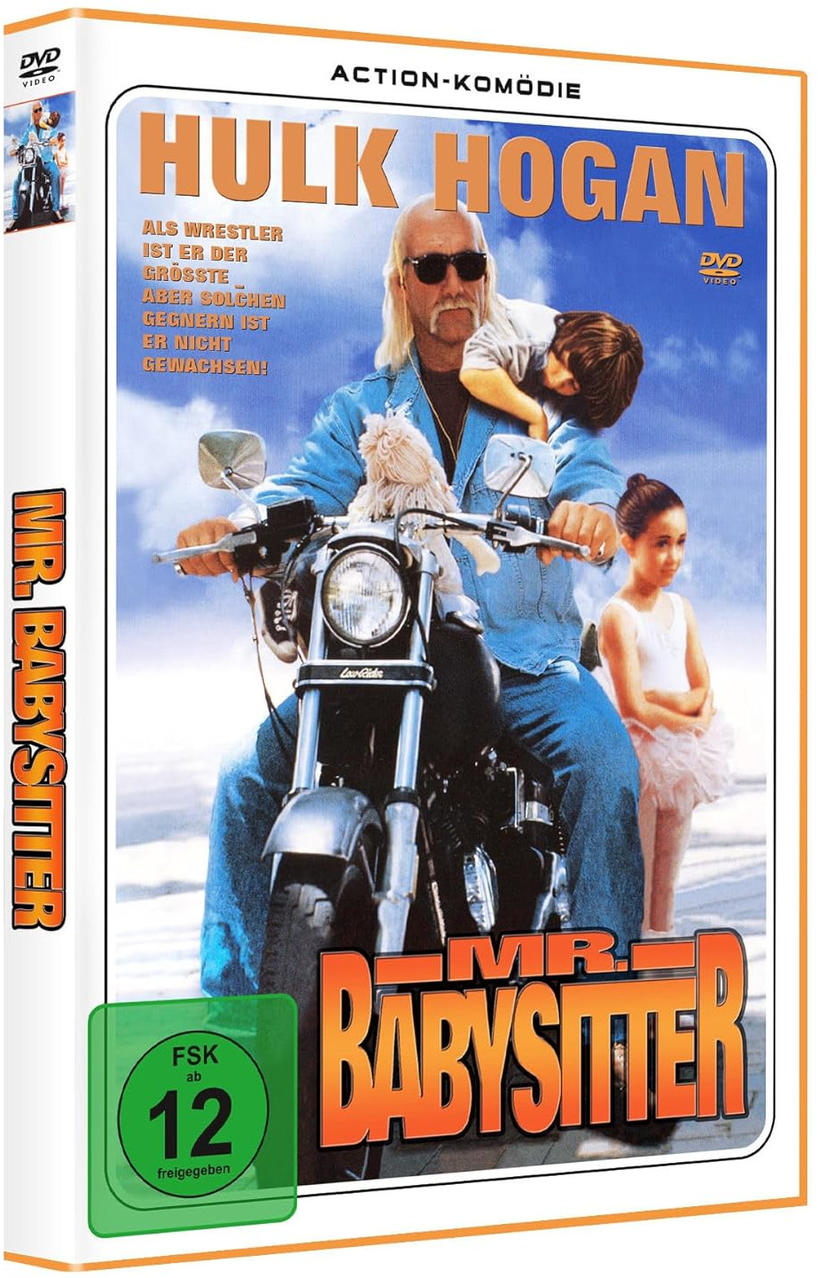 DVD-Hülle für den Film Mr. Babysitter mit Hulk Hogan. Es zeigt einen Mann mit einem Kind.