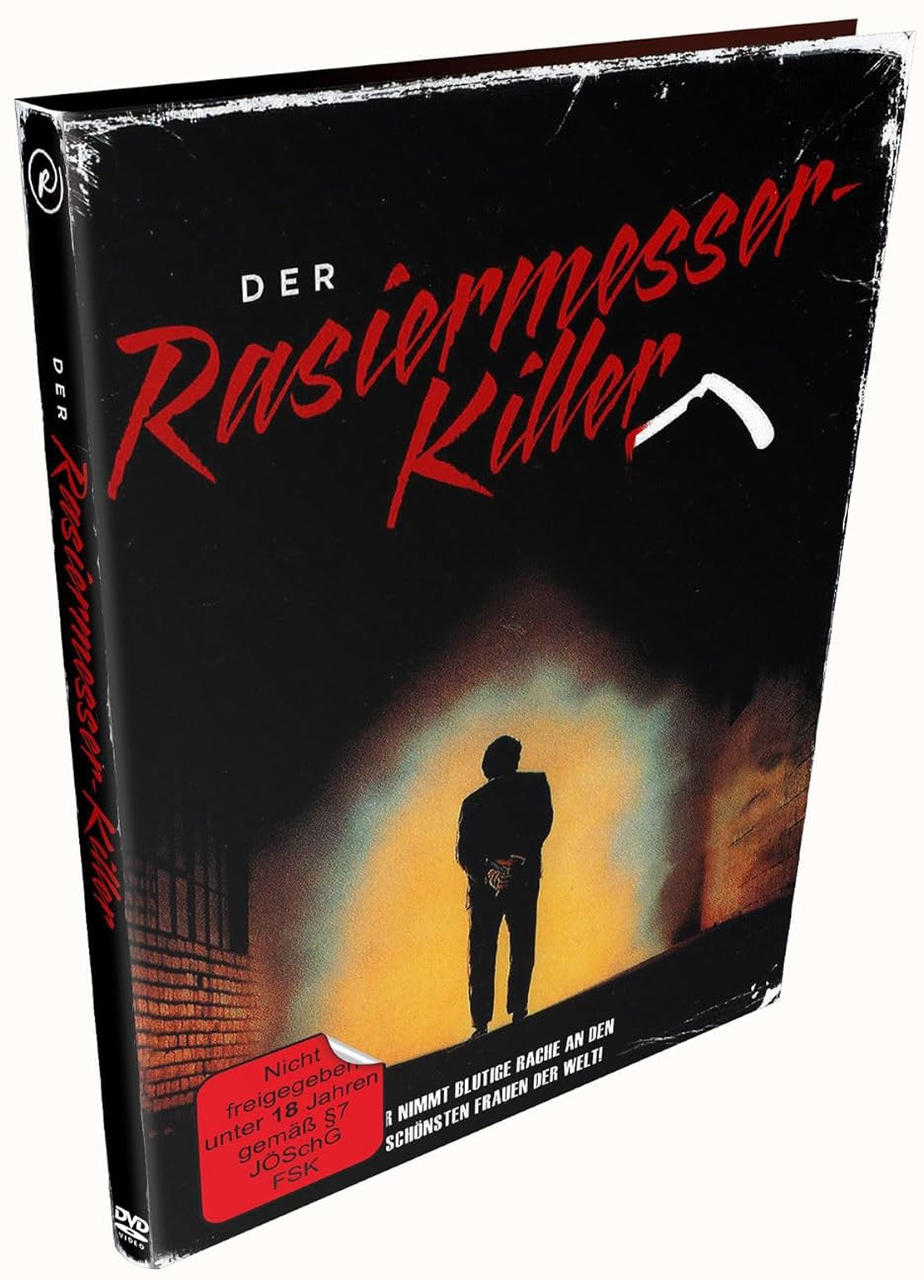 DVD-Hülle eines Films, 'Der Rasierermesser-Killer'. Es zeigt eine Schattenfigur vor rotem Hintergrund.
